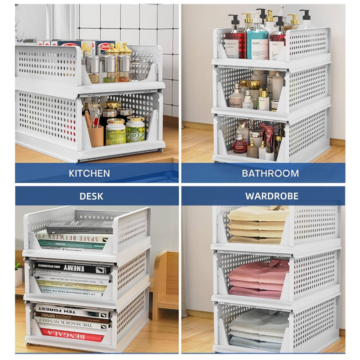 Stackable Plastic Storage Baskets, 4 Pack Foldable Closet Organizers
