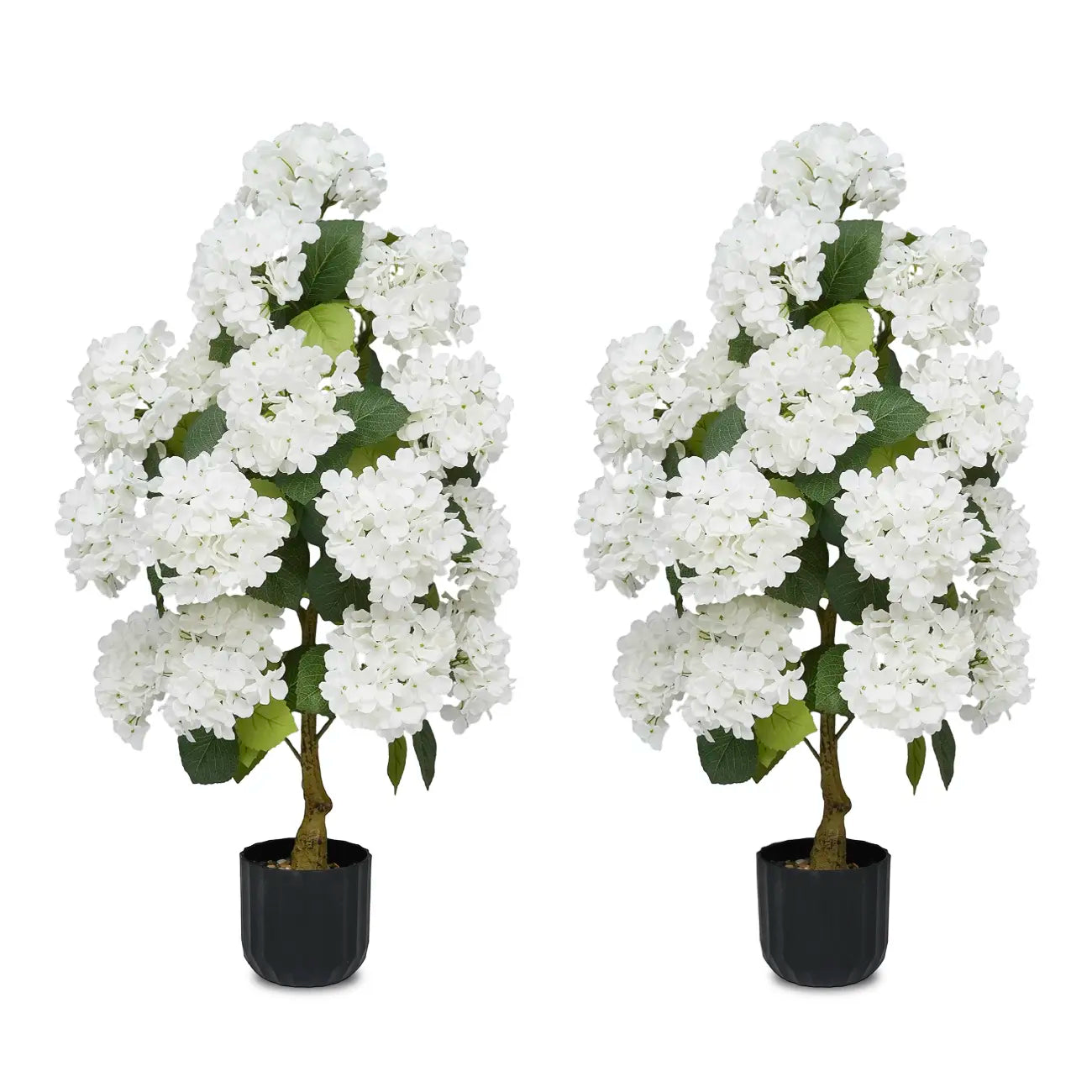 2Pcs 3Ft Silk Artificial Hydrangea Tree in Planter with Decor Pebbles, Indoor Outdoor Home Patio Decor | summerwins