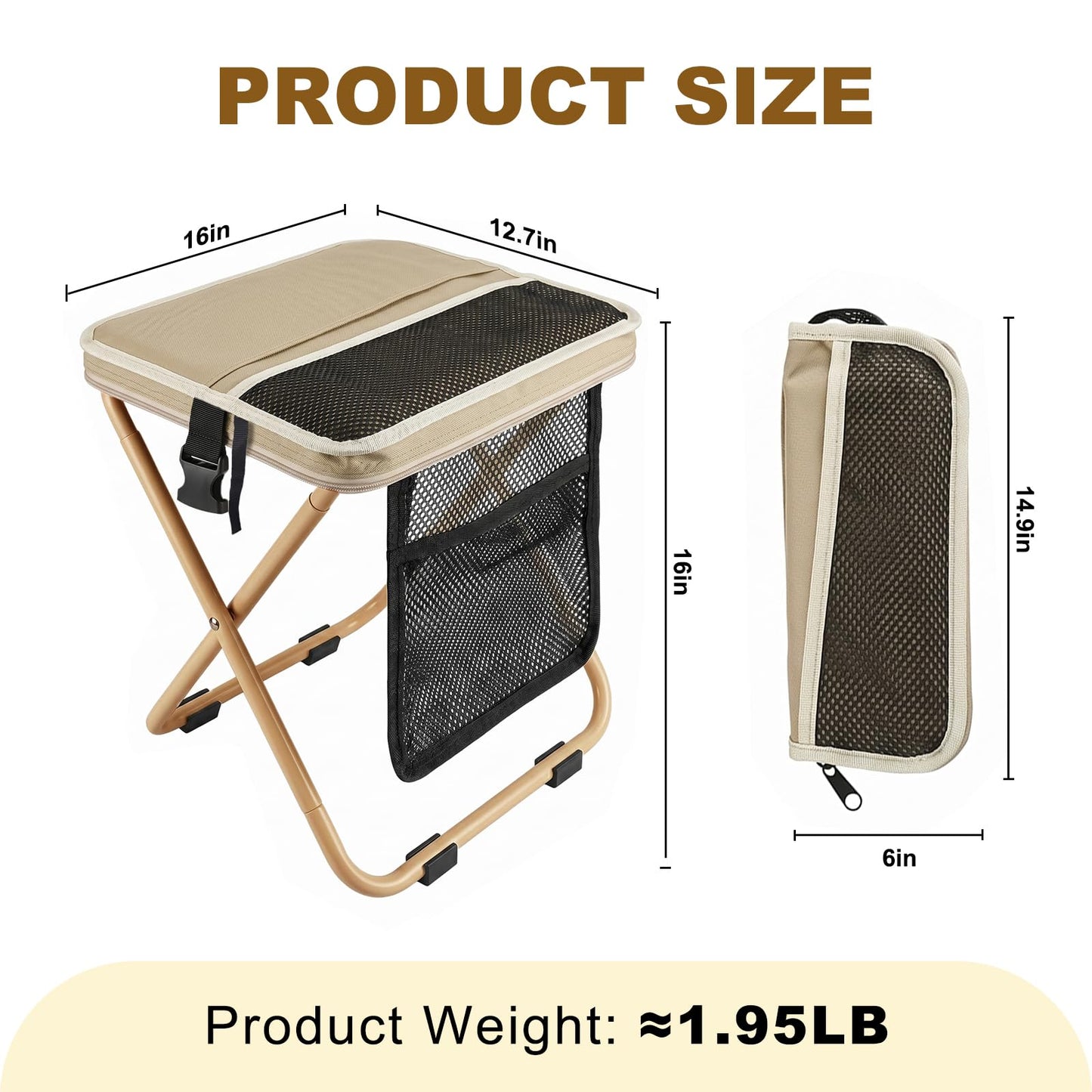 16" Collapsible Portable Stool with Pockets, Khaki Outdoor Folding Chair