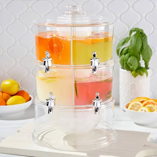 Clear 2-Tier Beverage Dispenser with Ice Bottom, 4-Section Stackable Drink Holder with Lids