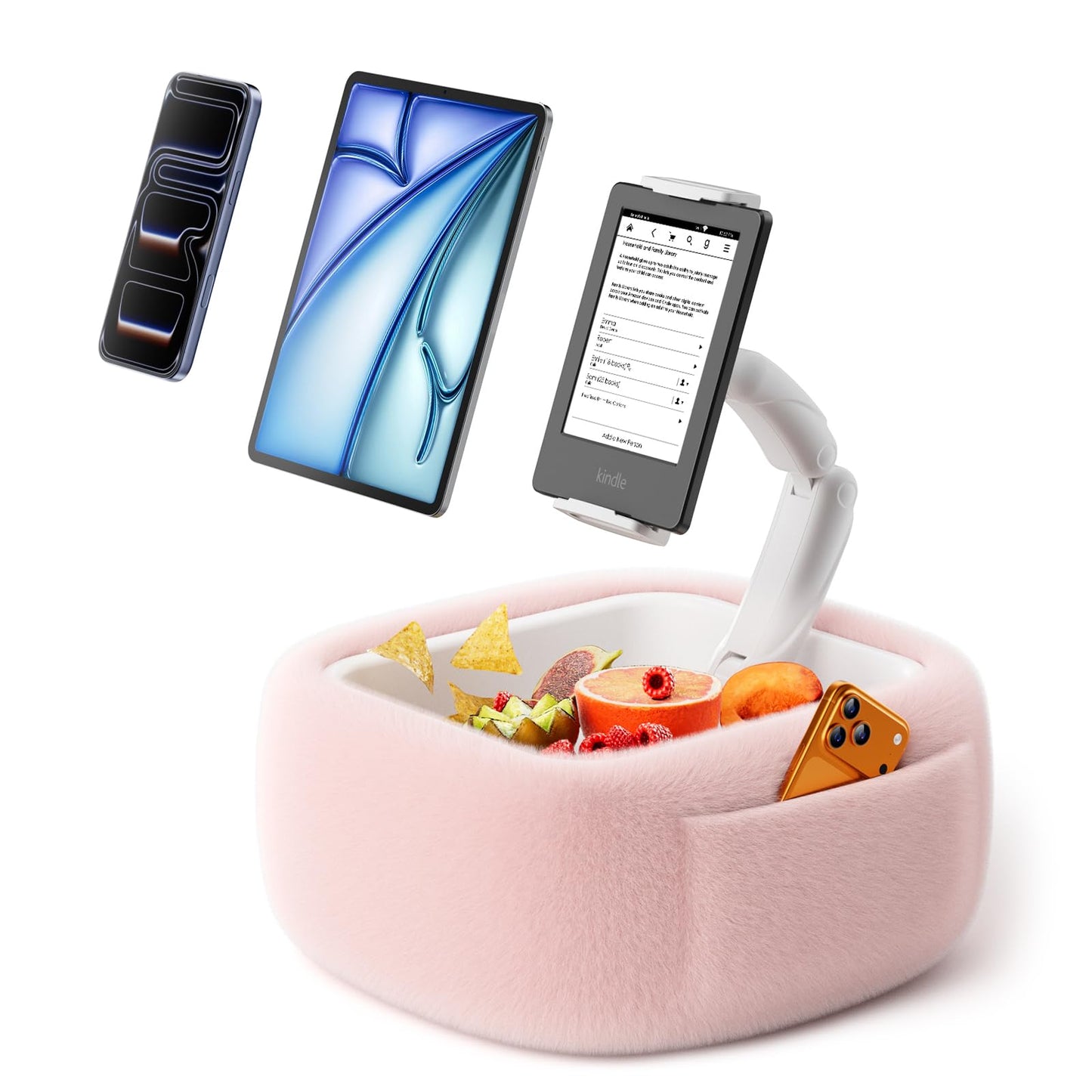 Tablet Pillow Stand with Snack Bowl, 360° Adjustable 4.7-14.6”