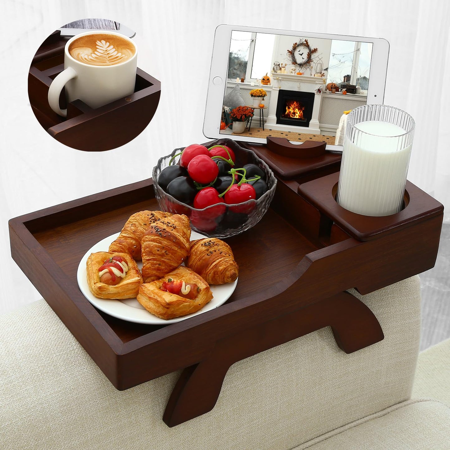 4-in-1 Couch Cup Holder Tray with 360° Rotating Phone Holder, Clip-On Armrest Side Table