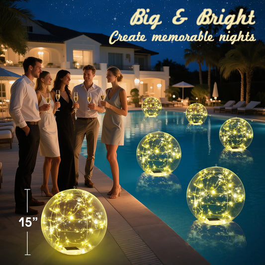 4Pcs 15in Warm White Solar Floating Pool Ball Lights, Auto On/Off Waterproof Decor Lamps