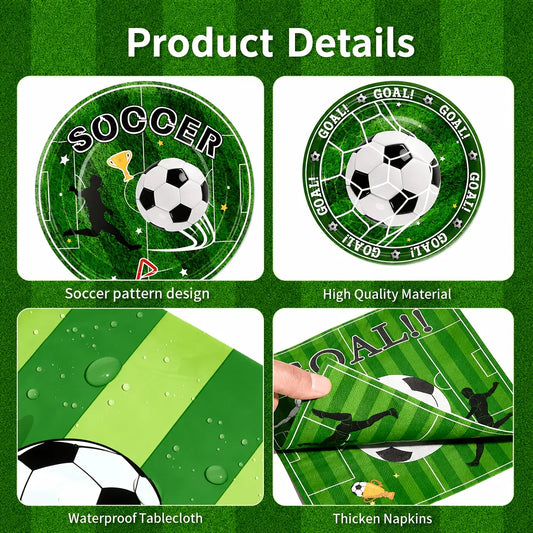 Soccer Themed Party Supplies Kit, Disposable Tableware & Decorations for 30 Guests