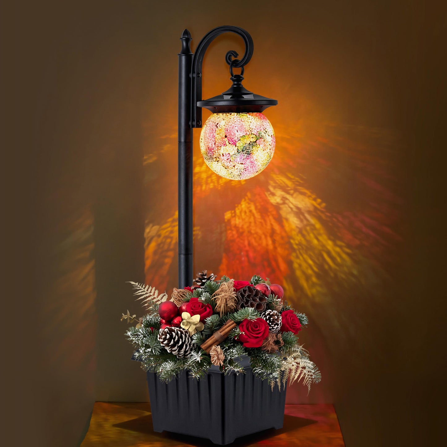 2-in-1 Solar Lamp Post Light with Planter, Mosaic Glass Outdoor Light