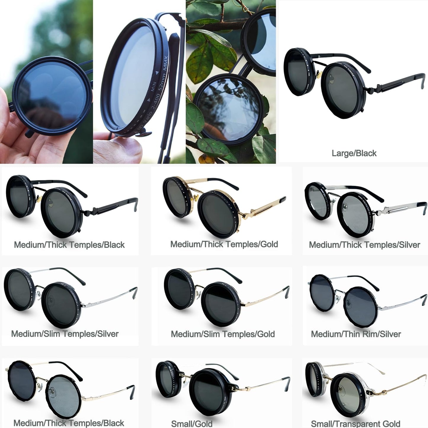 Adjustable Tint Polarized Sunglasses, 1-9 Gears ND Filter Round Eyewear with UV400 Protection for Beach and Outdoor Use