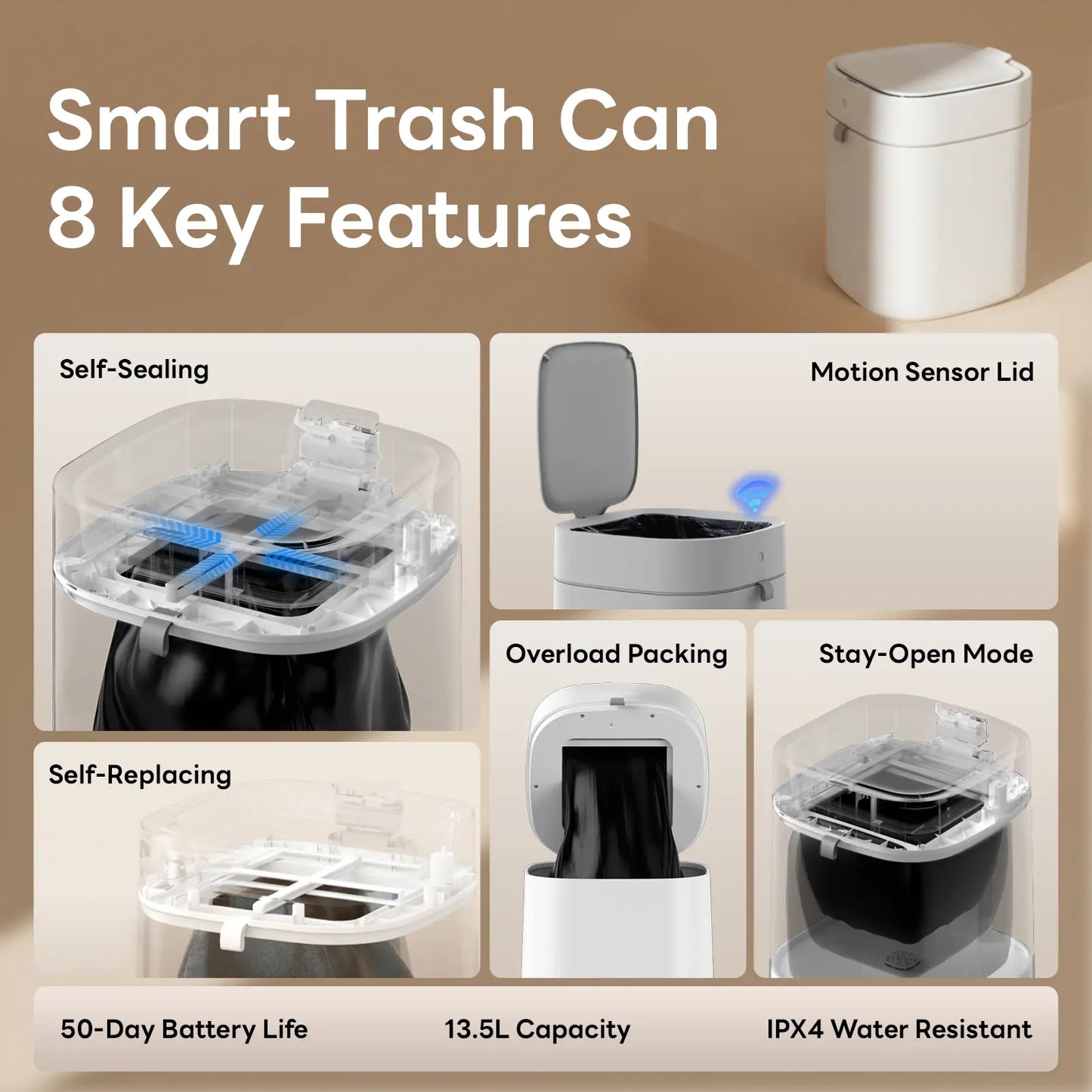 Automatic Sealing Smart Trash Can, Hands-Free Motion Sensor Garbage Bin