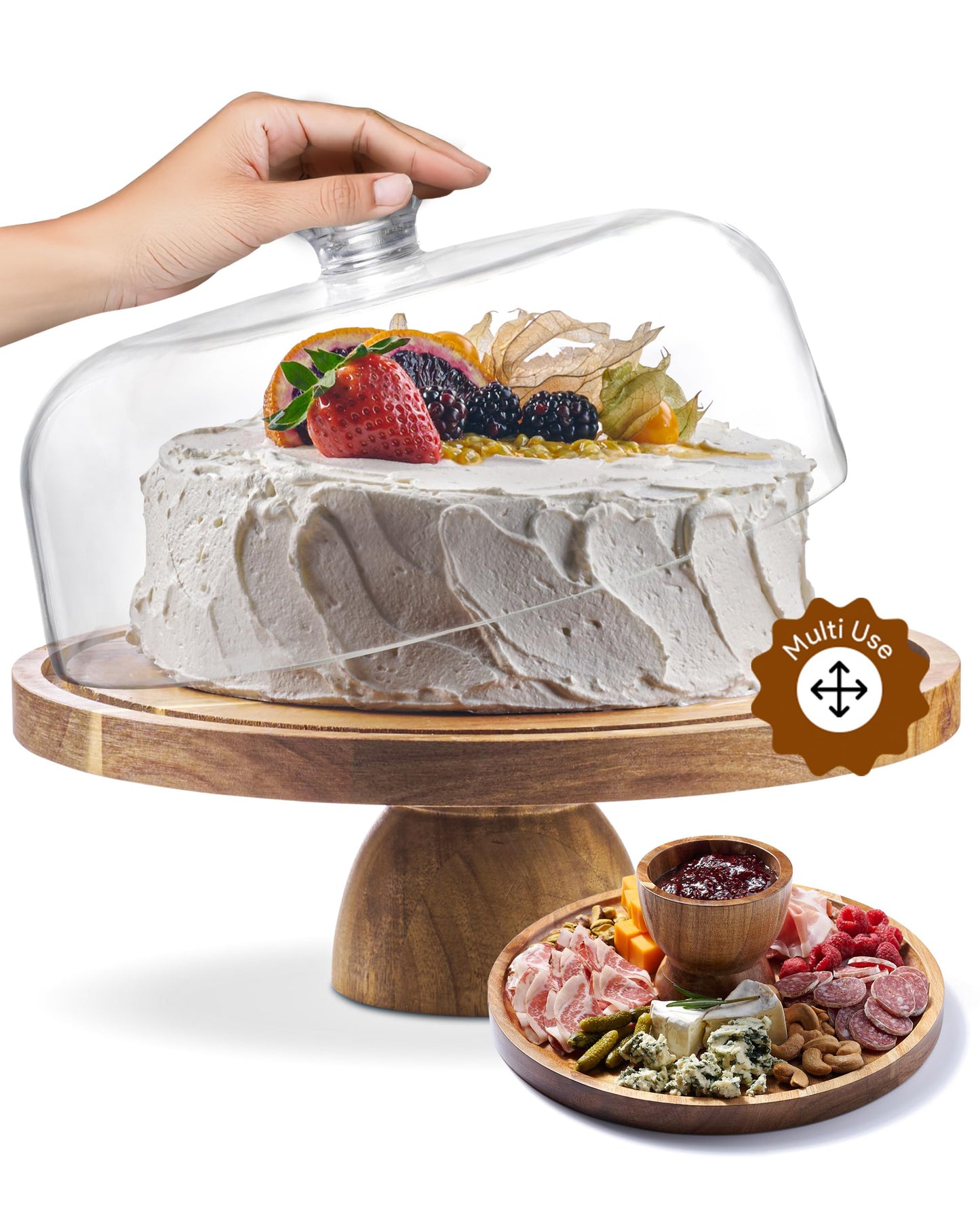 Acacia Wood Cake Stand with Dome Cover, 12" Round Dessert Display & Charcuterie Board for Cheese, Fruit and Snacks
