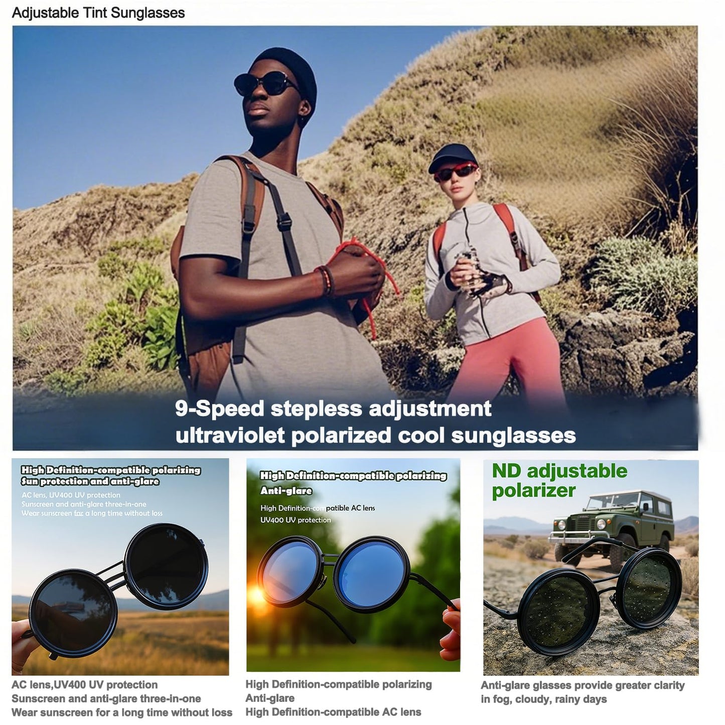 Adjustable Tint Polarized Sunglasses, 1-9 Gears ND Filter Round Eyewear with UV400 Protection for Beach and Outdoor Use
