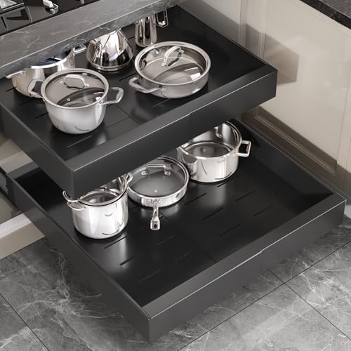 Expandable Pull Out Cabinet Organizer, Adhesive Roll Out Shelves with Raising Pad, Upgraded Slide Rails Design