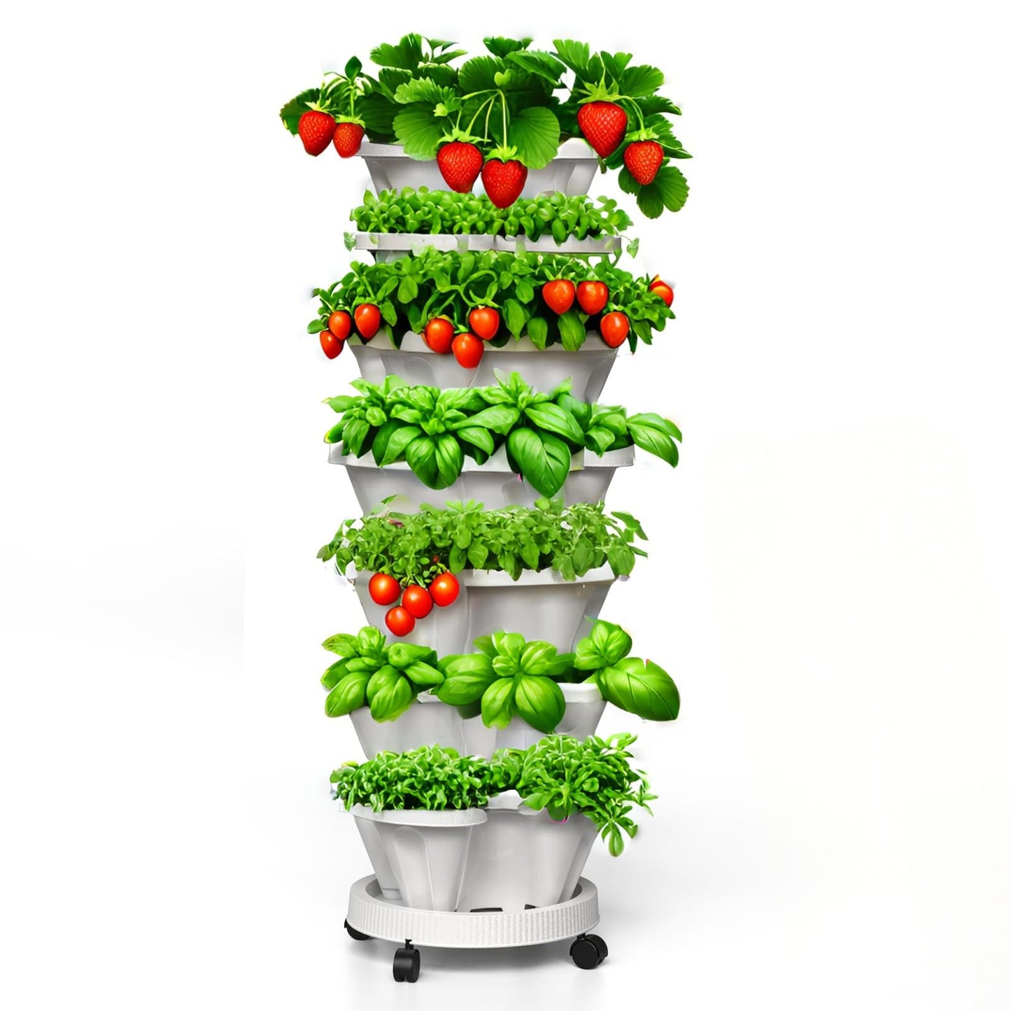 7 Tier Vertical Stackable Planter Tower, Multi Layer Plant Growing Pot with Support Pole and Removable Wheels