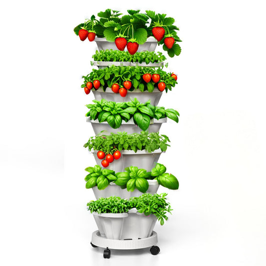 7 Tier Vertical Stackable Planter Tower, Multi Layer Plant Growing Pot with Support Pole and Removable Wheels