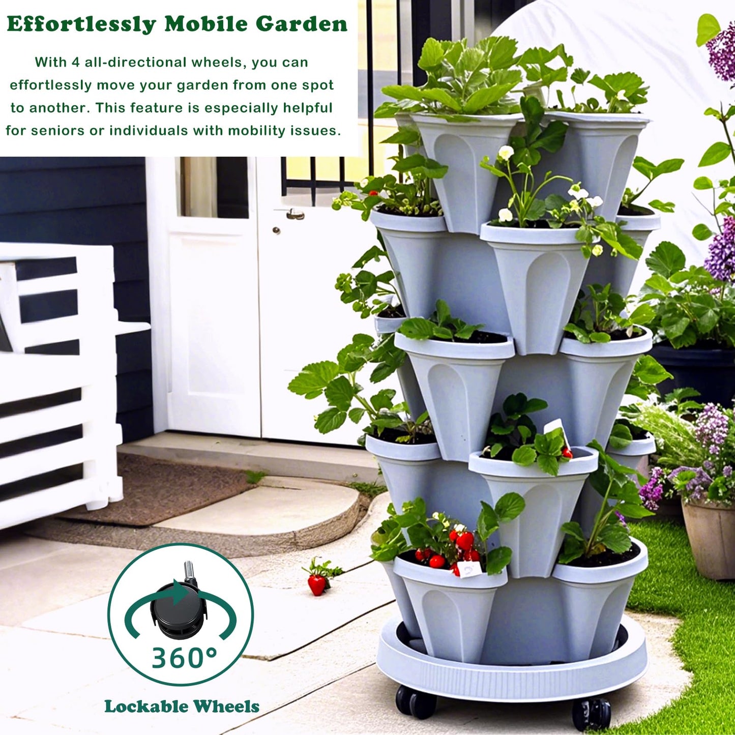 7 Tier Vertical Stackable Planter Tower, Multi Layer Plant Growing Pot with Support Pole and Removable Wheels