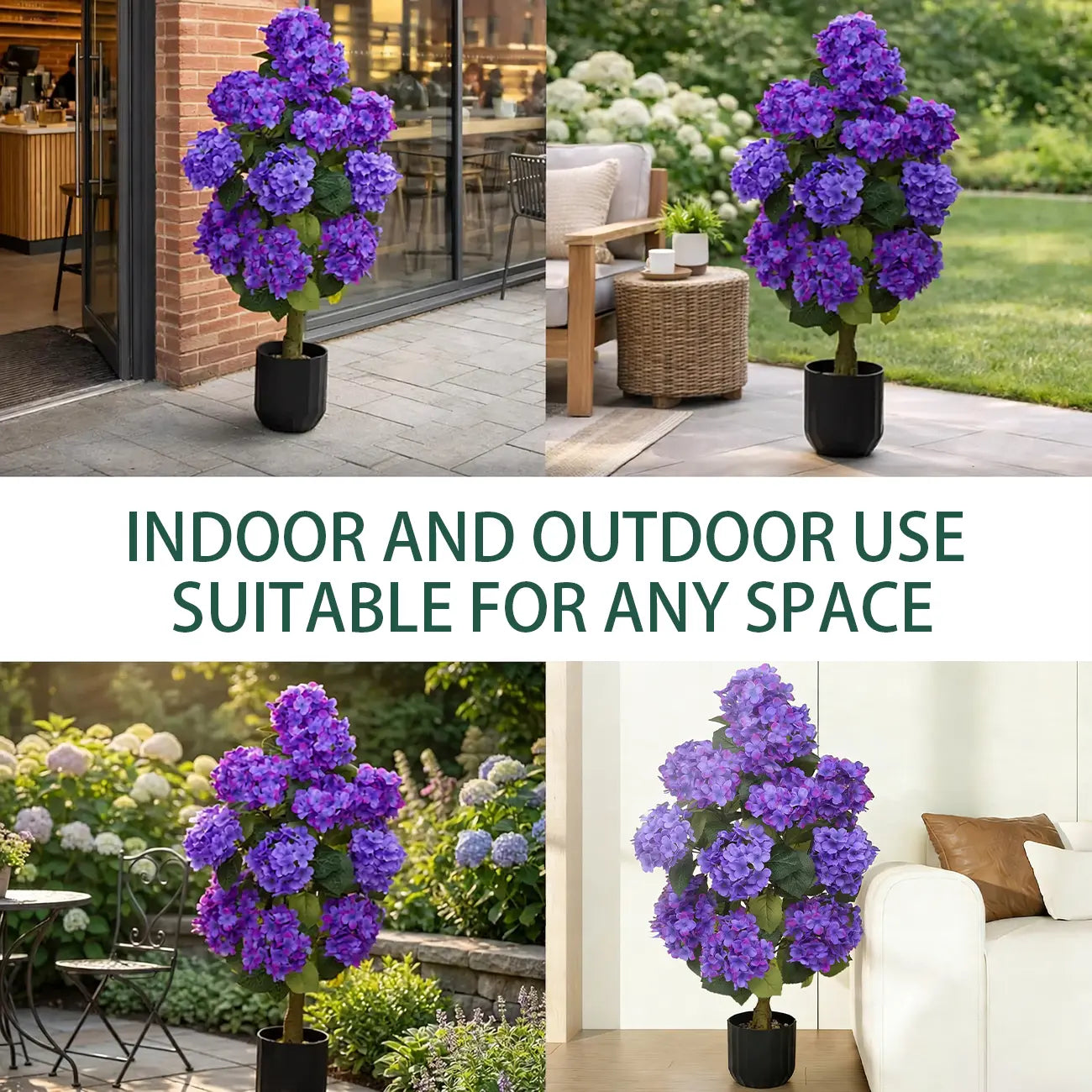 2Pcs 3Ft Silk Artificial Hydrangea Tree in Planter with Decor Pebbles, Indoor Outdoor Home Patio Decor | summerwins