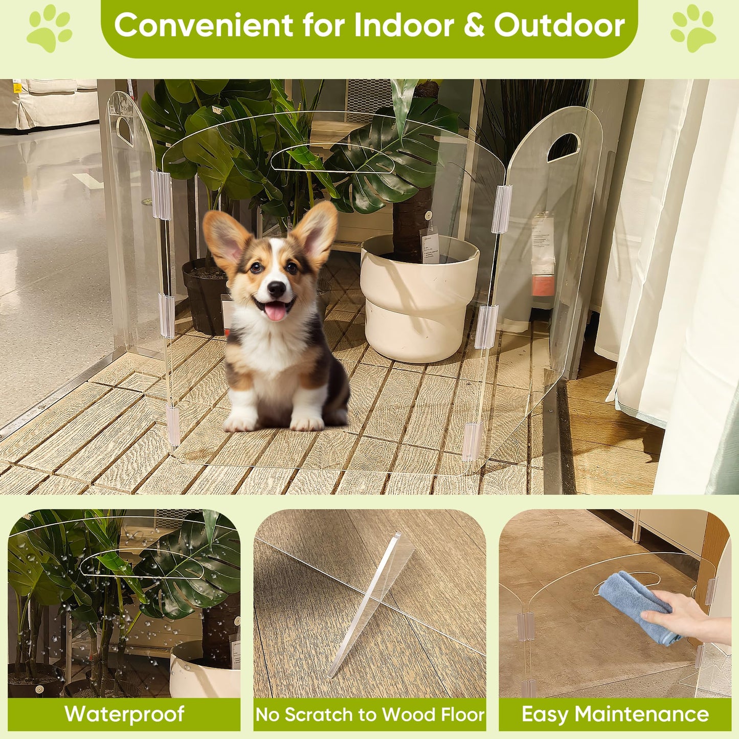 Freestanding Acrylic Pet Gate, 3 Panel Folding Dog & Cat Barrier for Indoor Doorways and Home Spaces