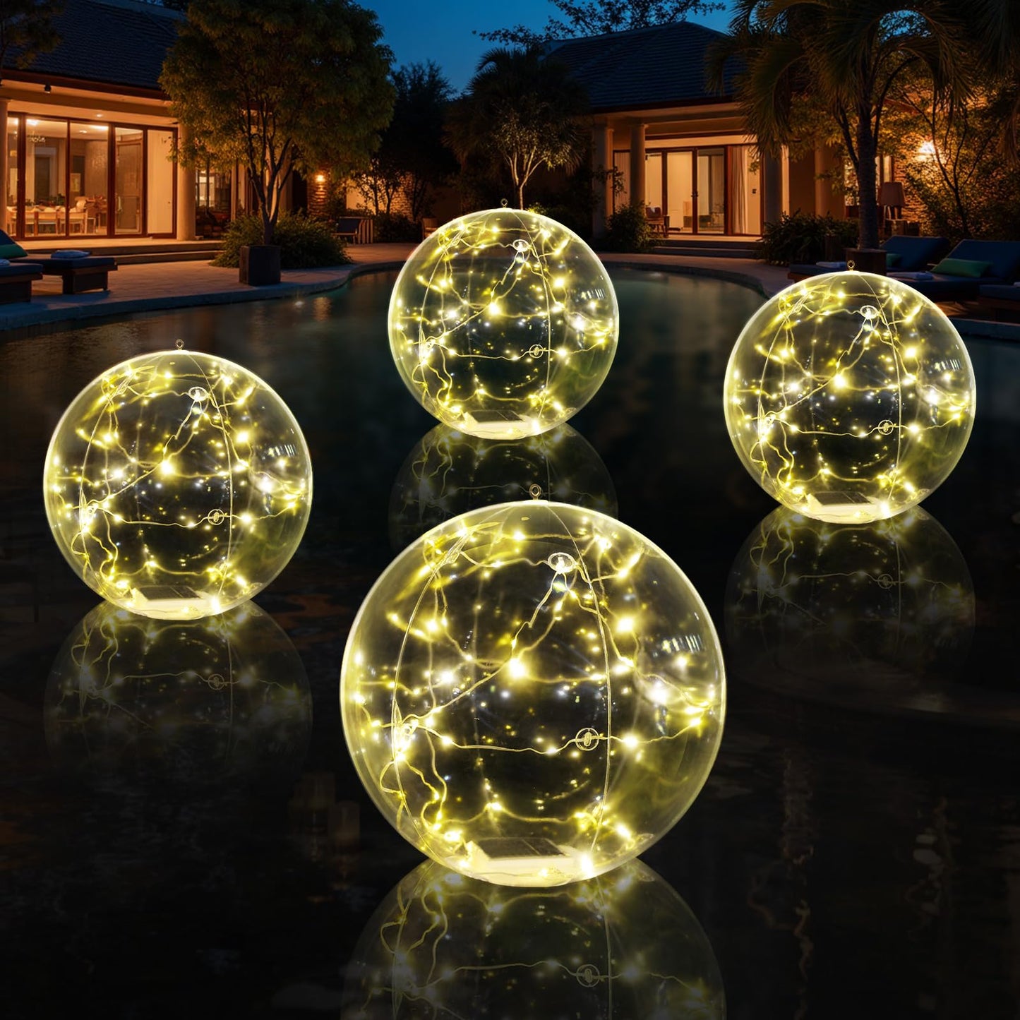 4Pcs 15in Warm White Solar Floating Pool Ball Lights, Auto On/Off Waterproof Decor Lamps