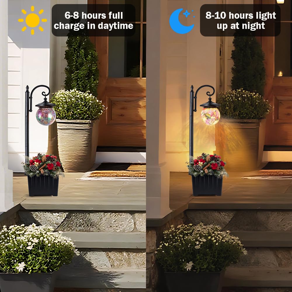 2-in-1 Solar Lamp Post Light with Planter, Mosaic Glass Outdoor Light