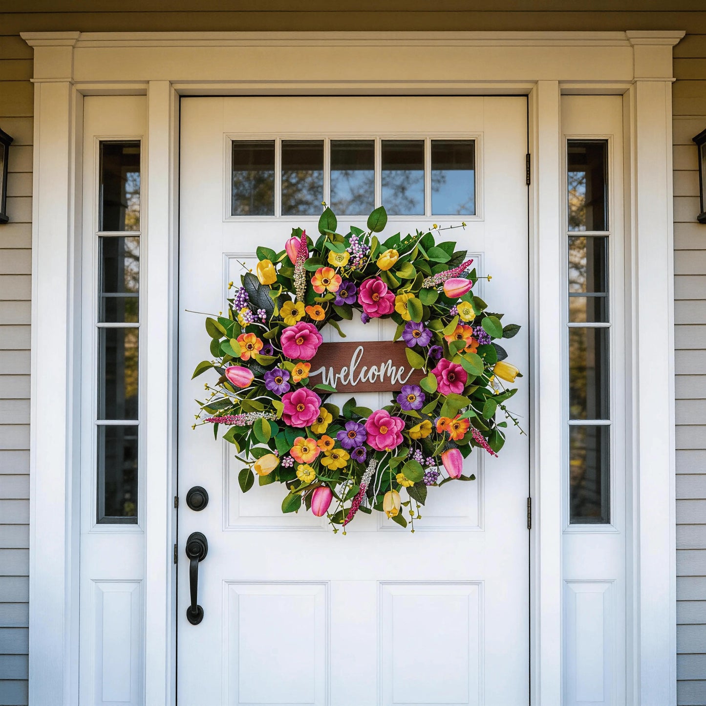 Farmhouse Style Spring Front Door Wreath, Artificial Floral Wreath with Eucalyptus Leaves for Indoor Outdoor Decor