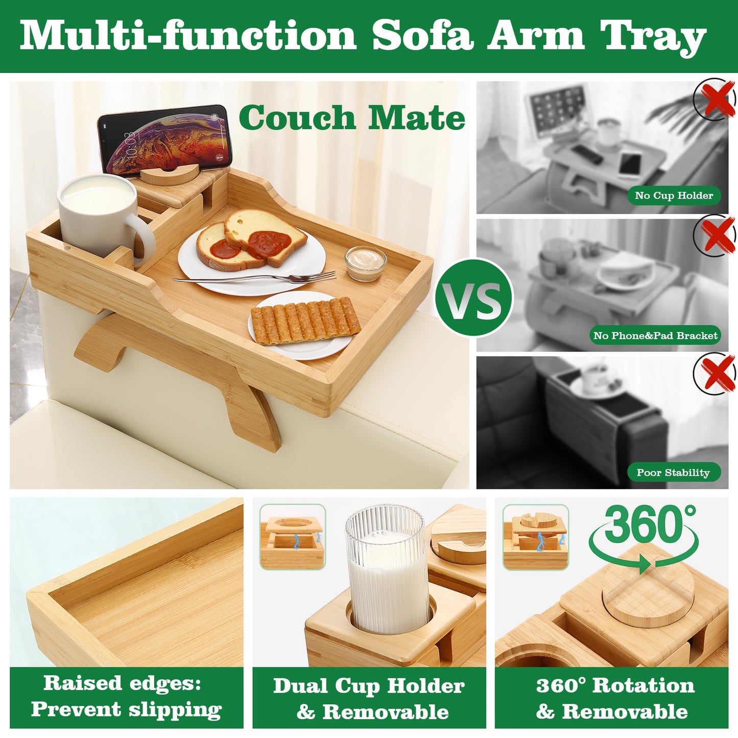 4-in-1 Couch Cup Holder Tray with 360° Rotating Phone Holder, Clip-On Armrest Side Table