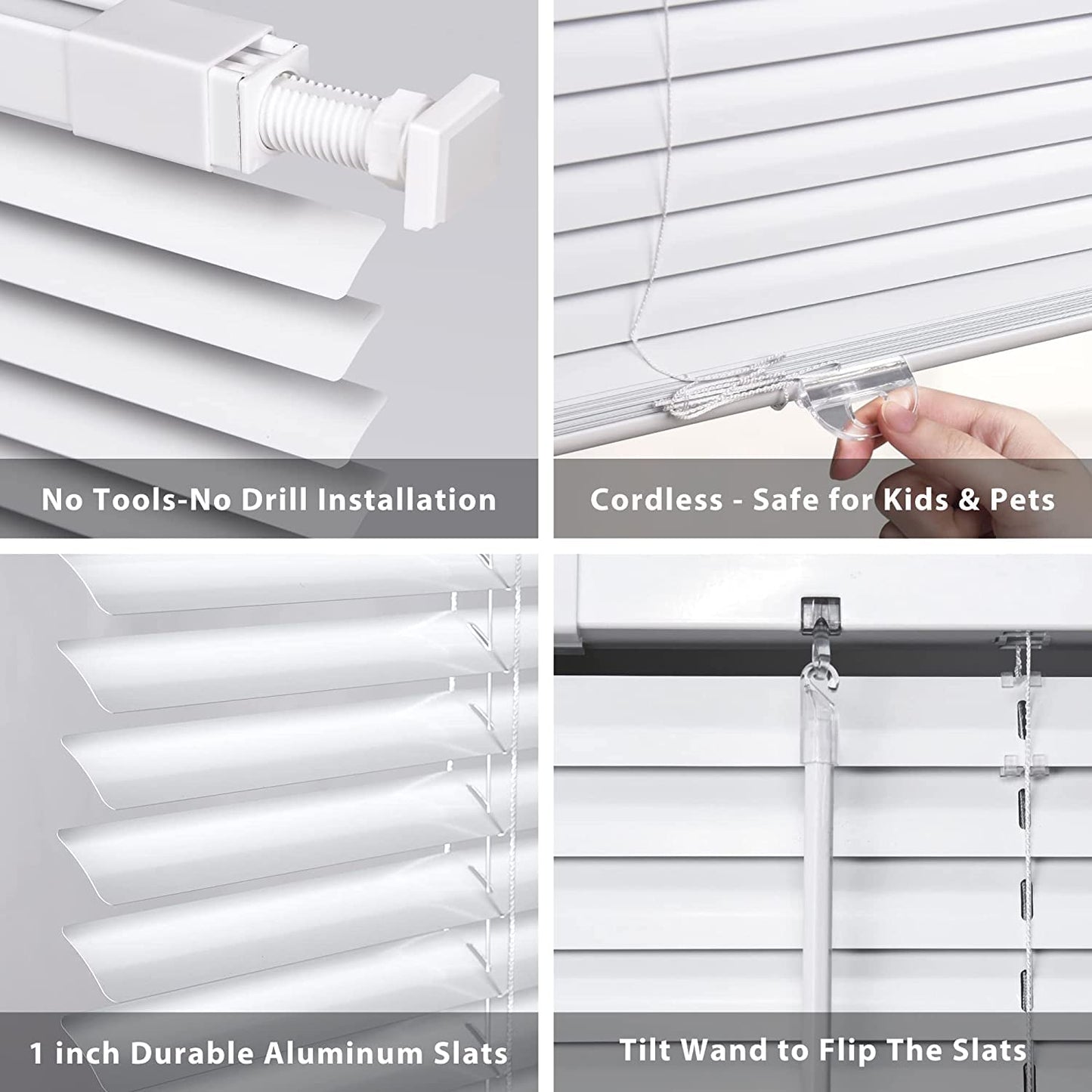 No Drill Cordless 1" Aluminum Mini Blinds, Light Filtering Horizontal Window Shades 21"W×48"H