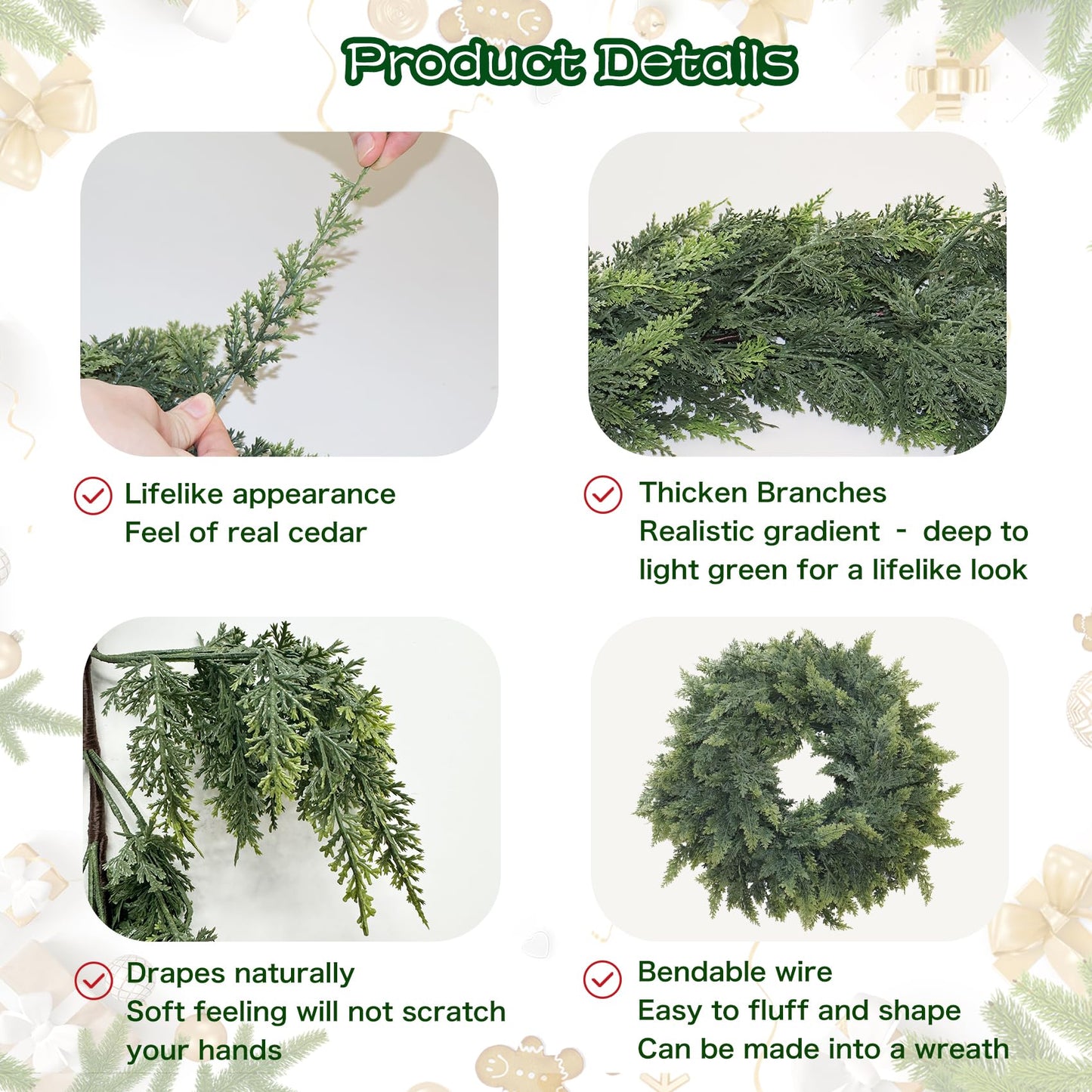 9FT Artificial Christmas Cedar Pine Garland, Realistic Greenery
