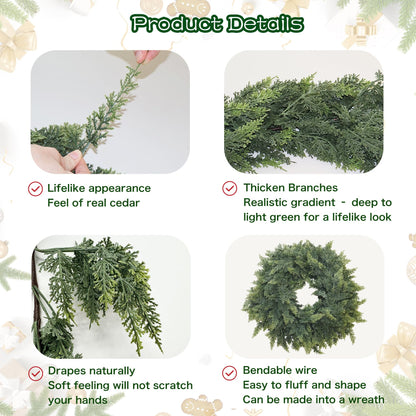 9FT Artificial Christmas Cedar Pine Garland, Realistic Greenery