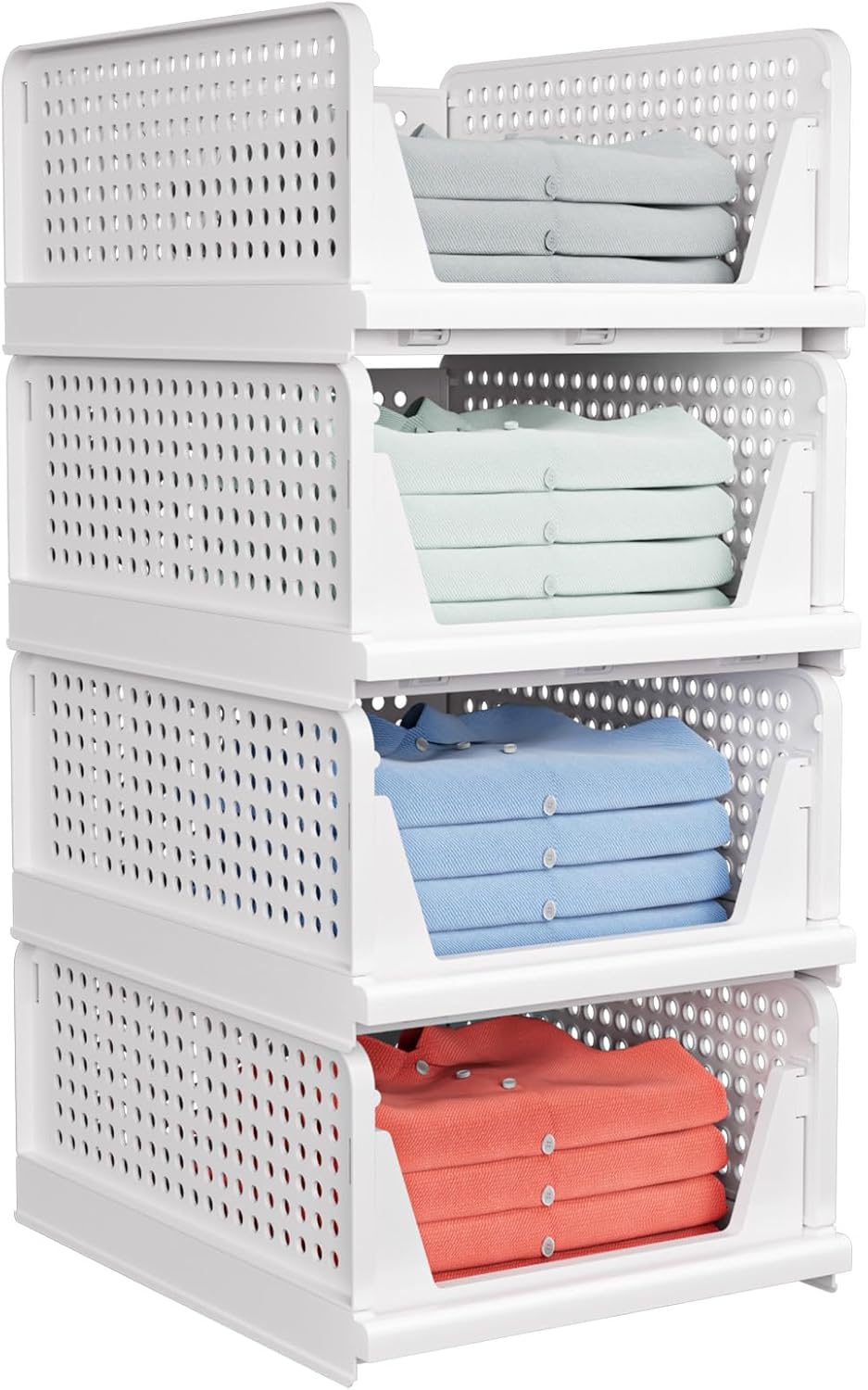 Stackable Plastic Storage Baskets, 4 Pack Foldable Closet Organizers