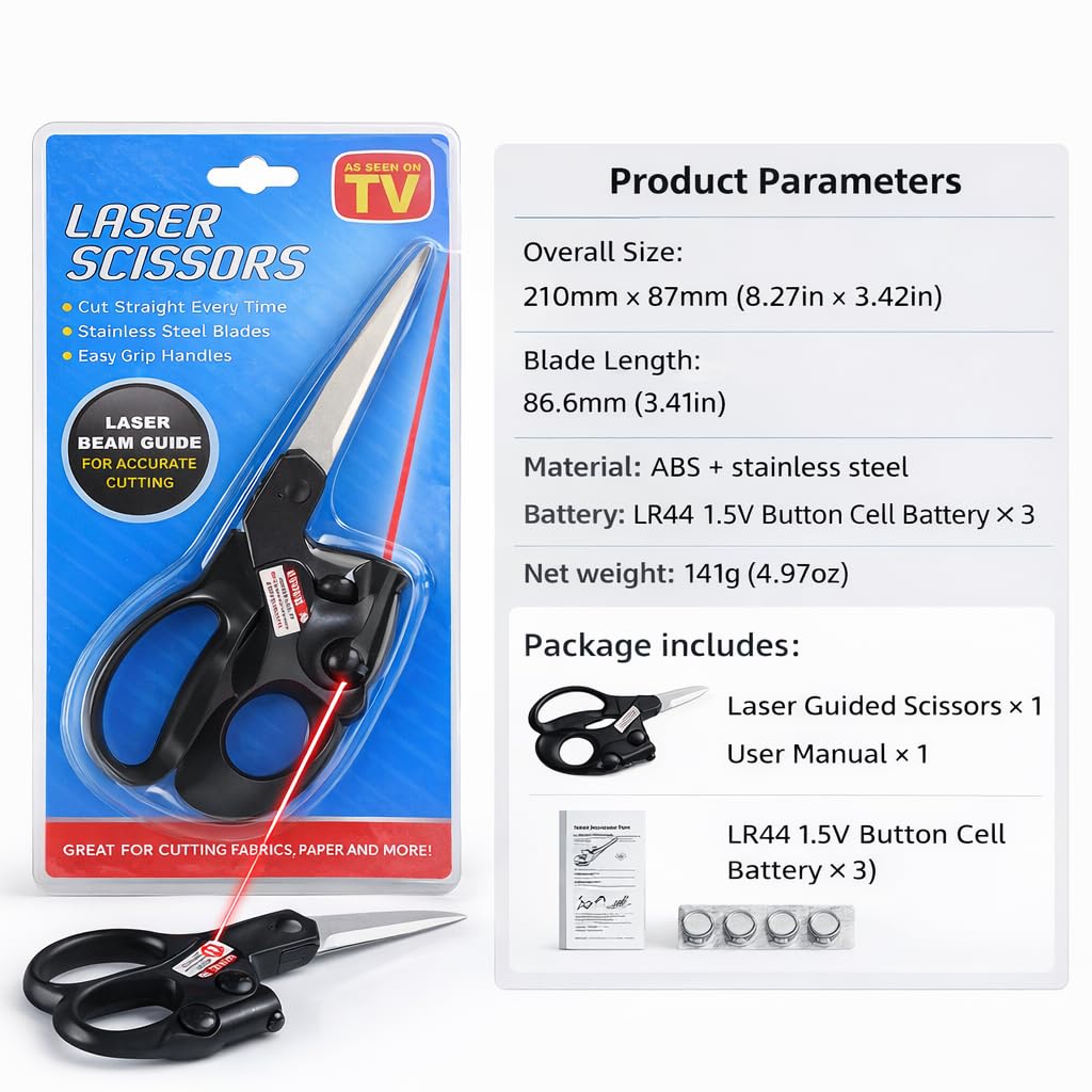 Black Laser Guided Sewing Scissors, Ergonomic Handle for Fabric & Crafts