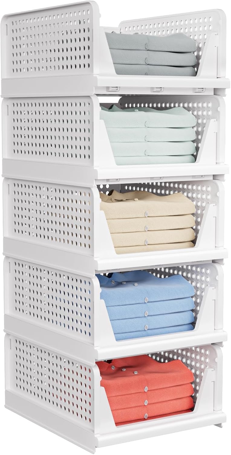 Stackable Plastic Storage Baskets, 4 Pack Foldable Closet Organizers