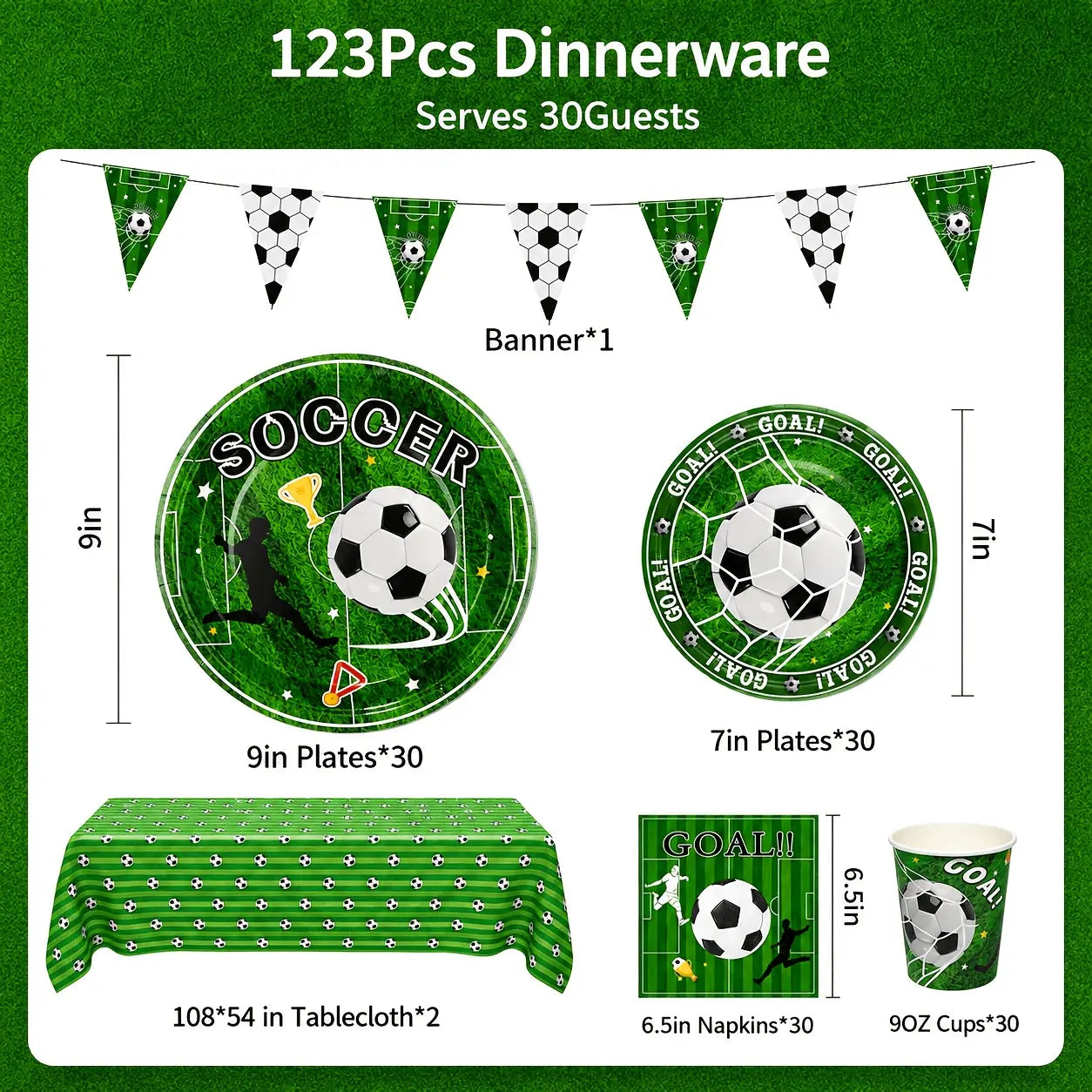 Soccer Themed Party Supplies Kit, Disposable Tableware & Decorations for 30 Guests