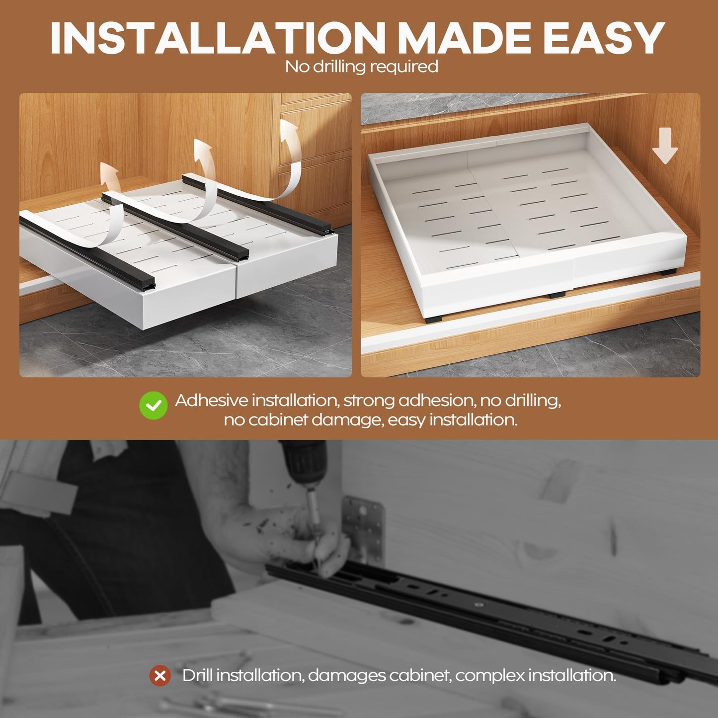 Expandable Pull Out Cabinet Organizer, Adhesive Roll Out Shelves with Raising Pad, Upgraded Slide Rails Design