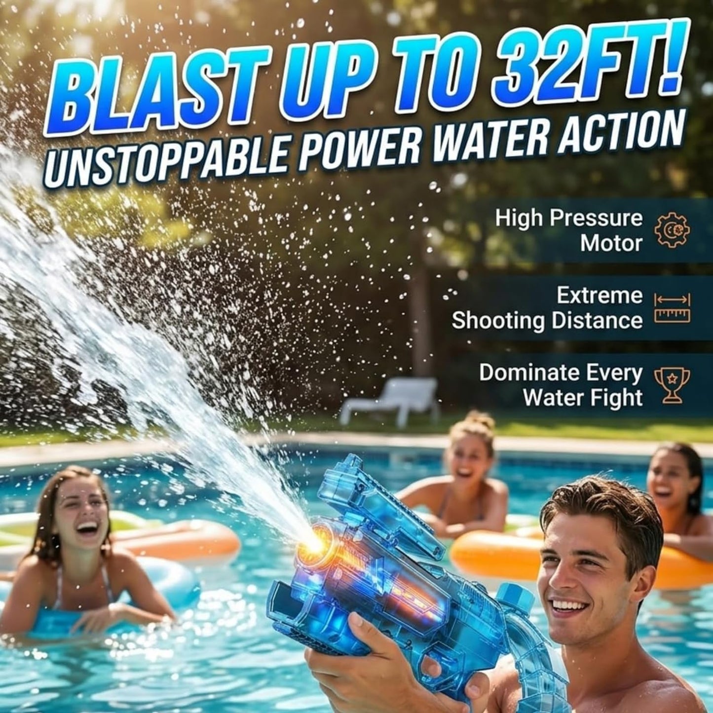 Black Automatic Electric Water Gun with LED Light, Rechargeable Large Capacity Long Range Water Blaster for Adult Pool Beach Summer Water Fight