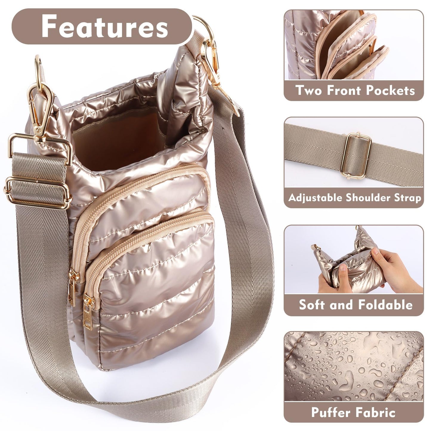 Quilted Puffer Water Bottle Crossbody Bag with Adjustable Strap, Women Sling Water Bottle Carrier Purse