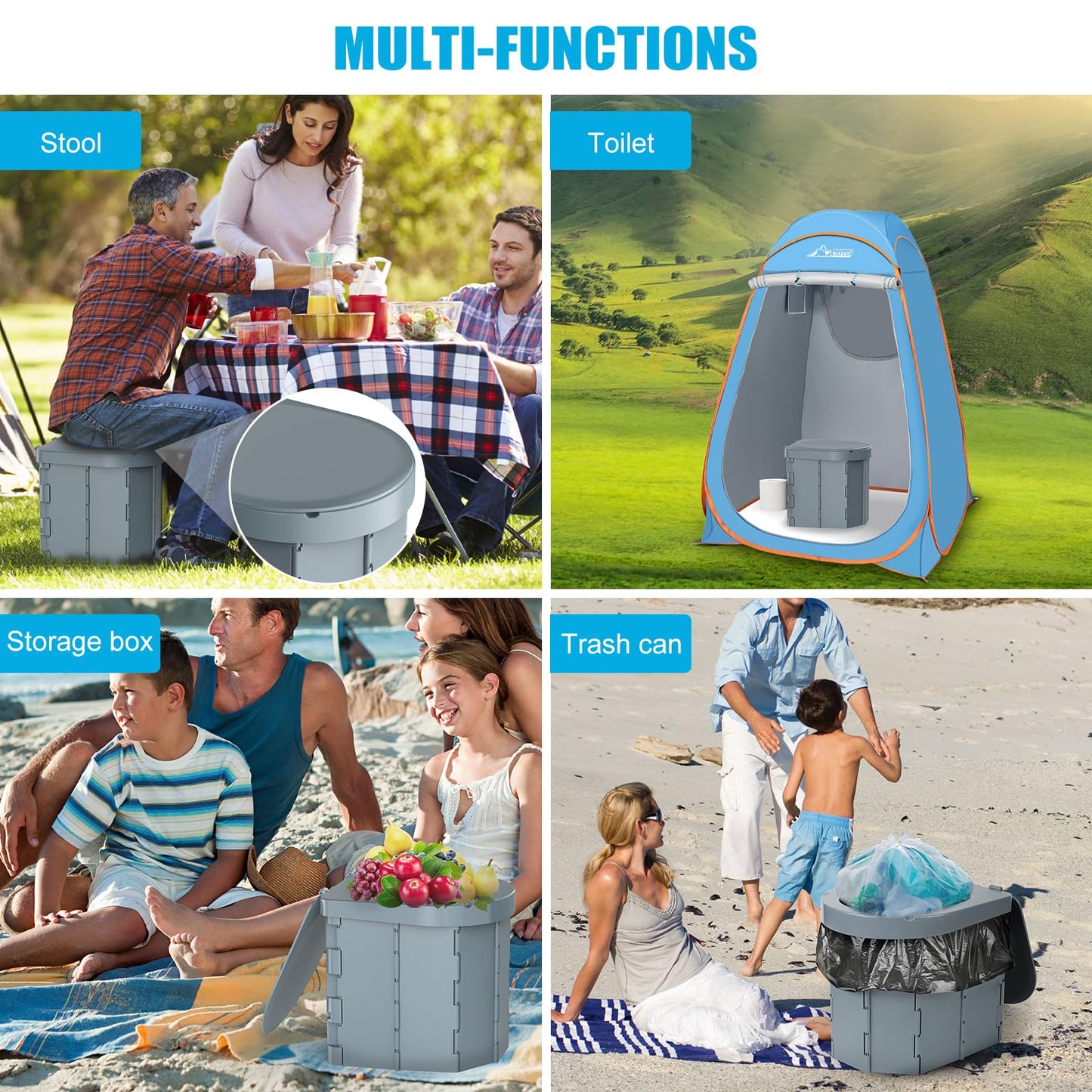 Portable Folding Camping Toilet for Adults, Waterproof Porta Potty with Lid, Paper Holder, Carry Bag & Disposable Liners