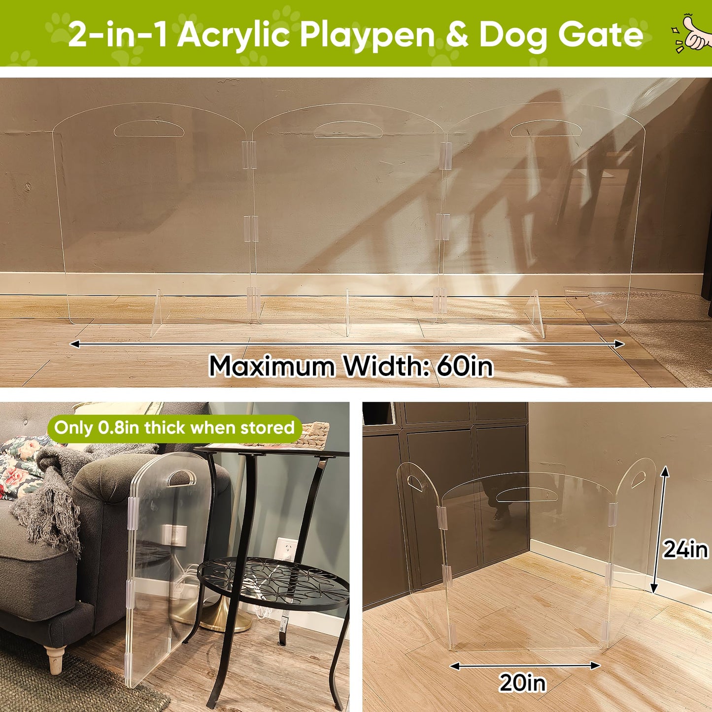 Freestanding Acrylic Pet Gate, 3 Panel Folding Dog & Cat Barrier for Indoor Doorways and Home Spaces