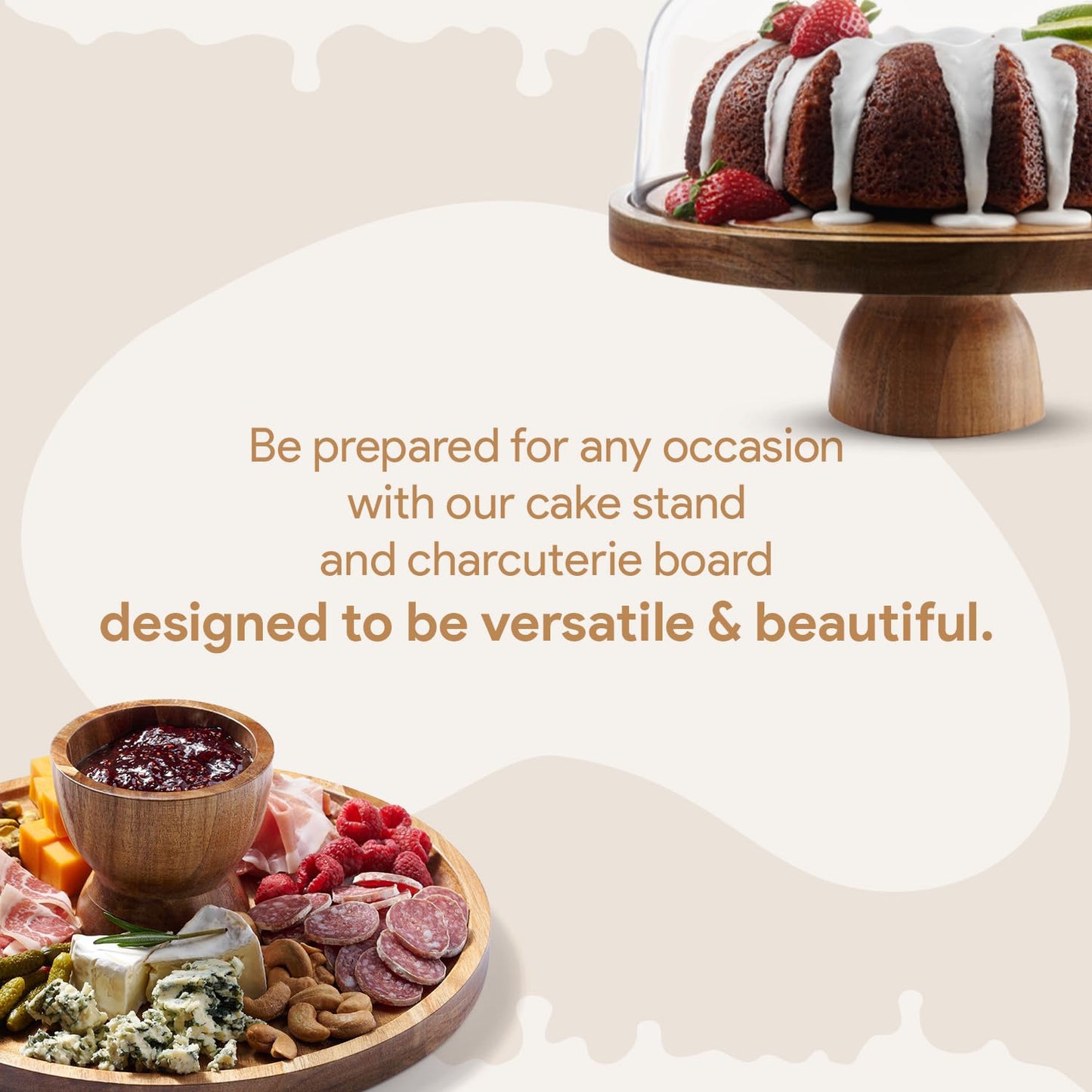 Acacia Wood Cake Stand with Dome Cover, 12" Round Dessert Display & Charcuterie Board for Cheese, Fruit and Snacks