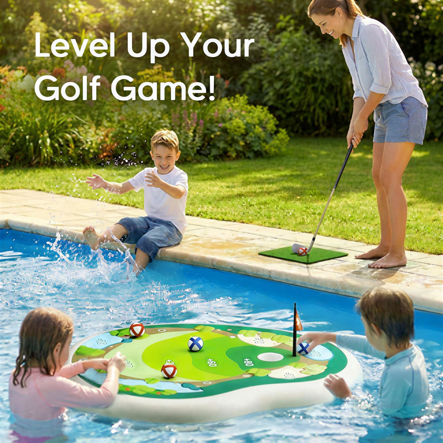 Floating Golf Chipping Green Pool Game, Inflatable Summer Toy for Kids & Family Parties