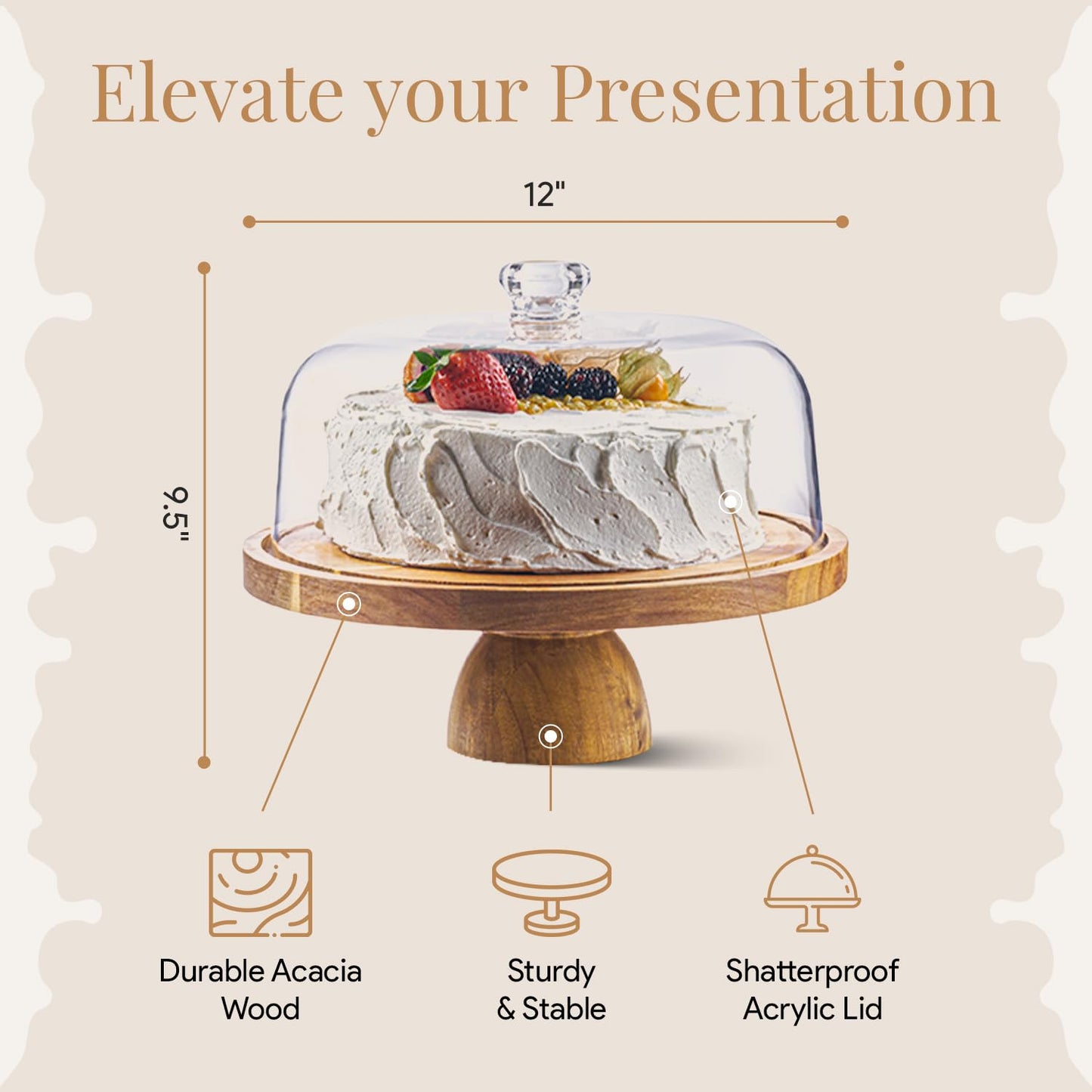 Acacia Wood Cake Stand with Dome Cover, 12" Round Dessert Display & Charcuterie Board for Cheese, Fruit and Snacks