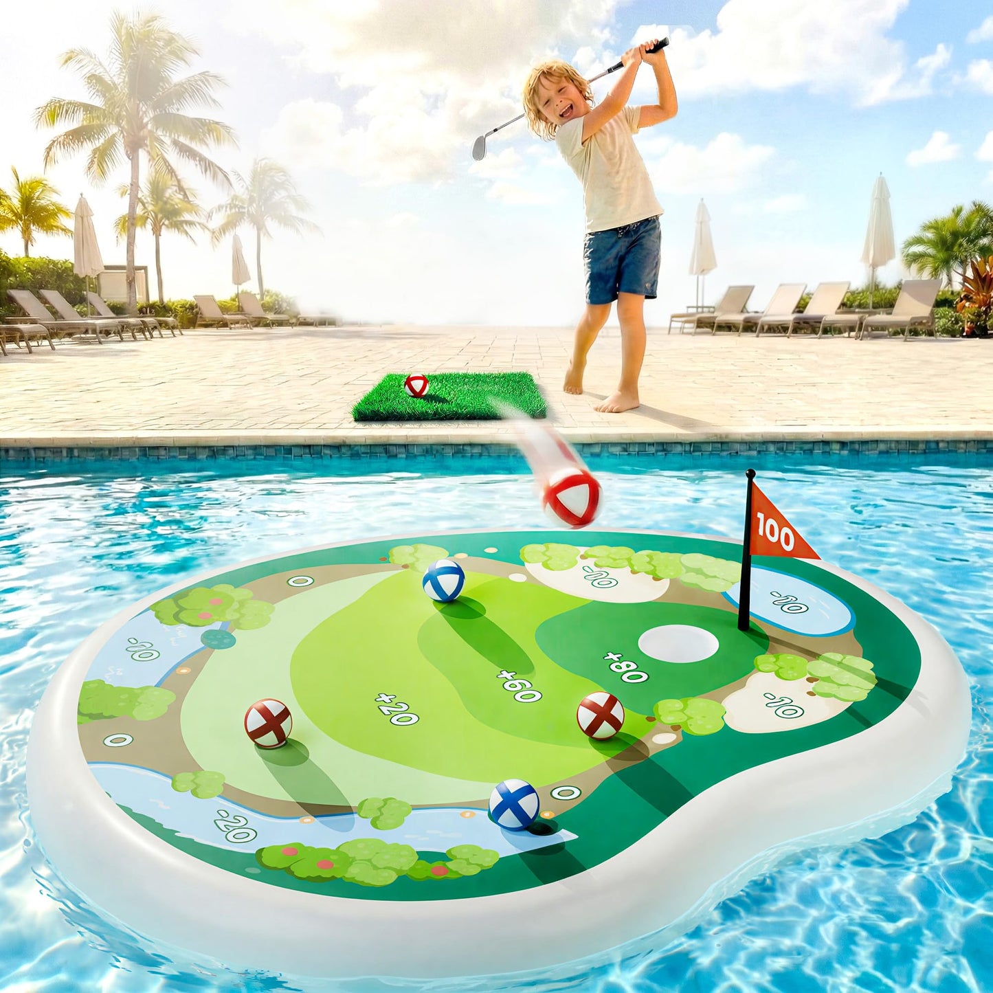 Floating Golf Chipping Green Pool Game, Inflatable Summer Toy for Kids & Family Parties