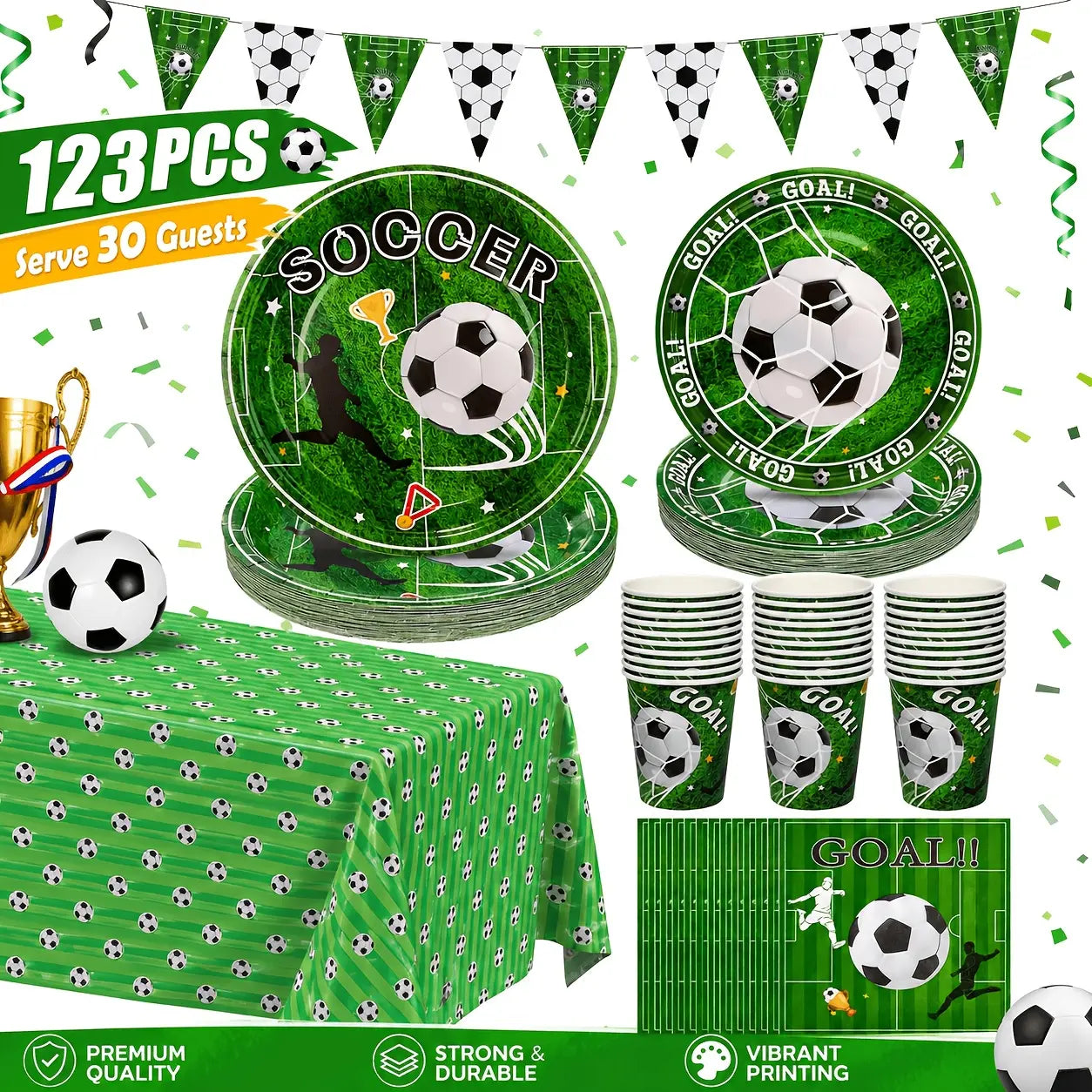 Soccer Themed Party Supplies Kit, Disposable Tableware & Decorations for 30 Guests