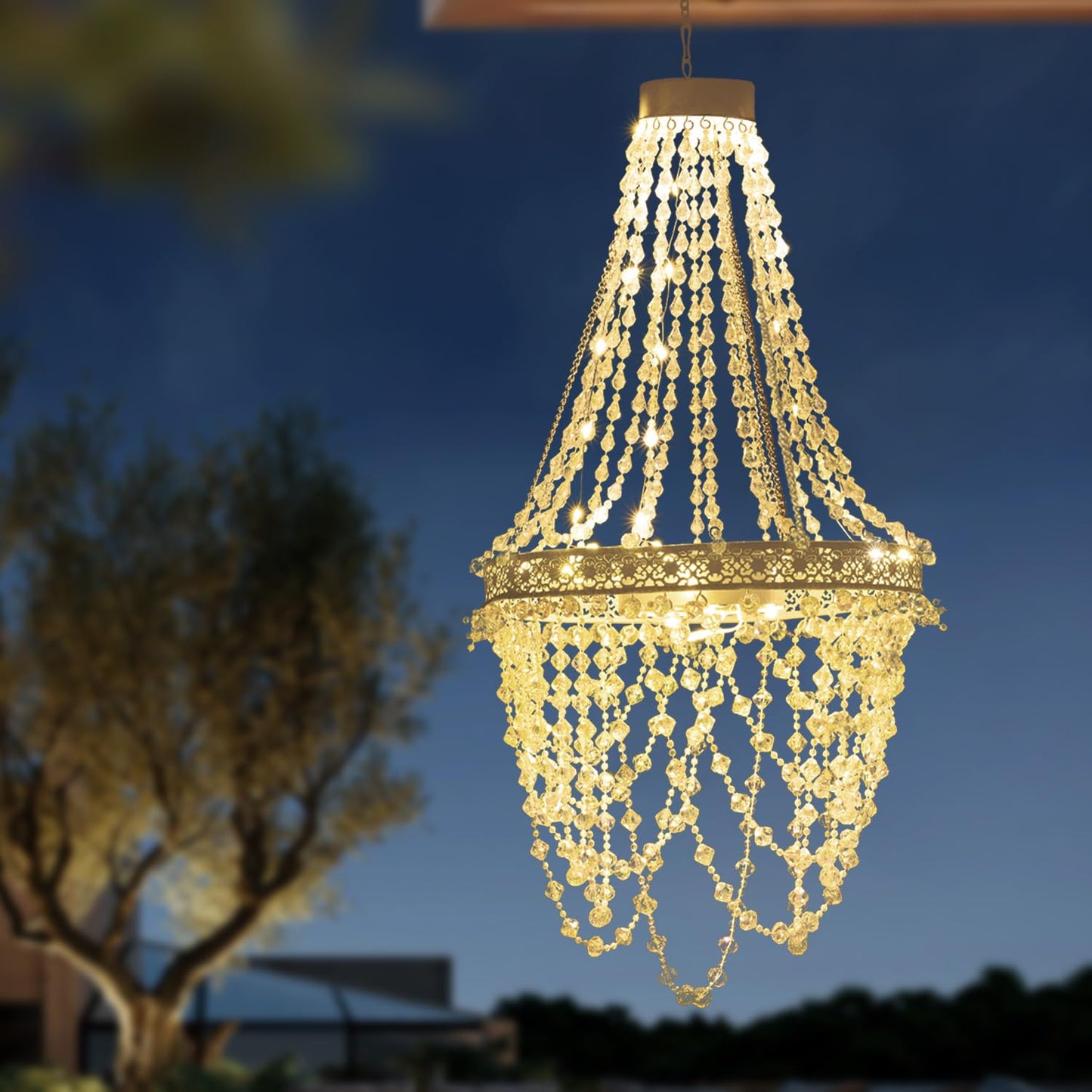 Solar Hanging Crystal Chandelier, Waterproof 54 LED Outdoor Light for Garden, Wedding & Parties