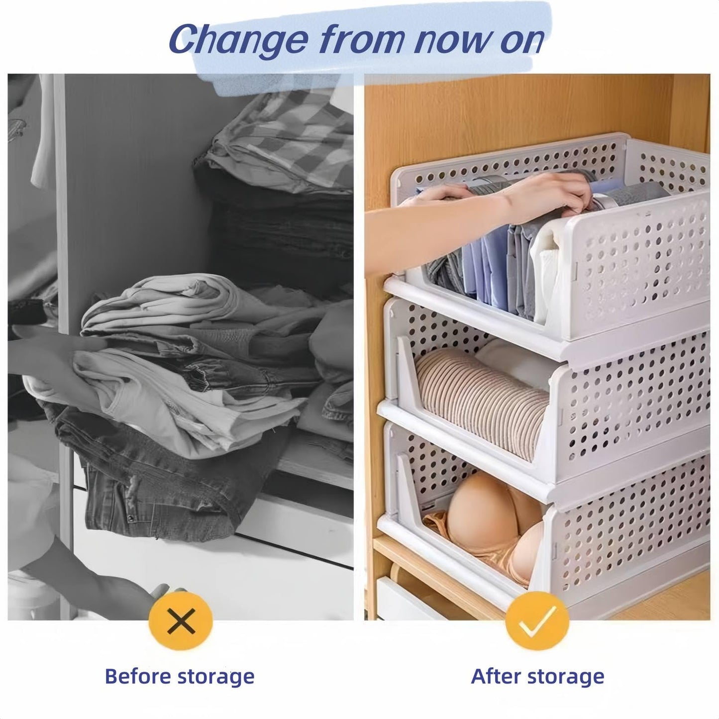 Stackable Plastic Storage Baskets, 4 Pack Foldable Closet Organizers