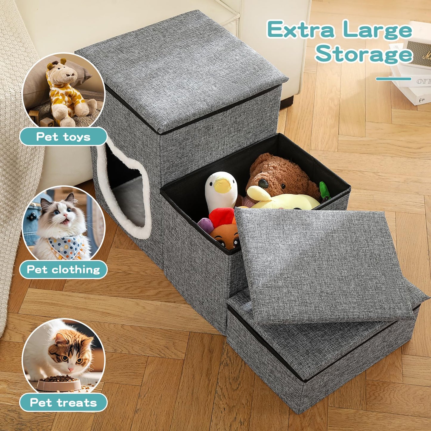 3-Step Non-Slip Pet Stairs with Storage