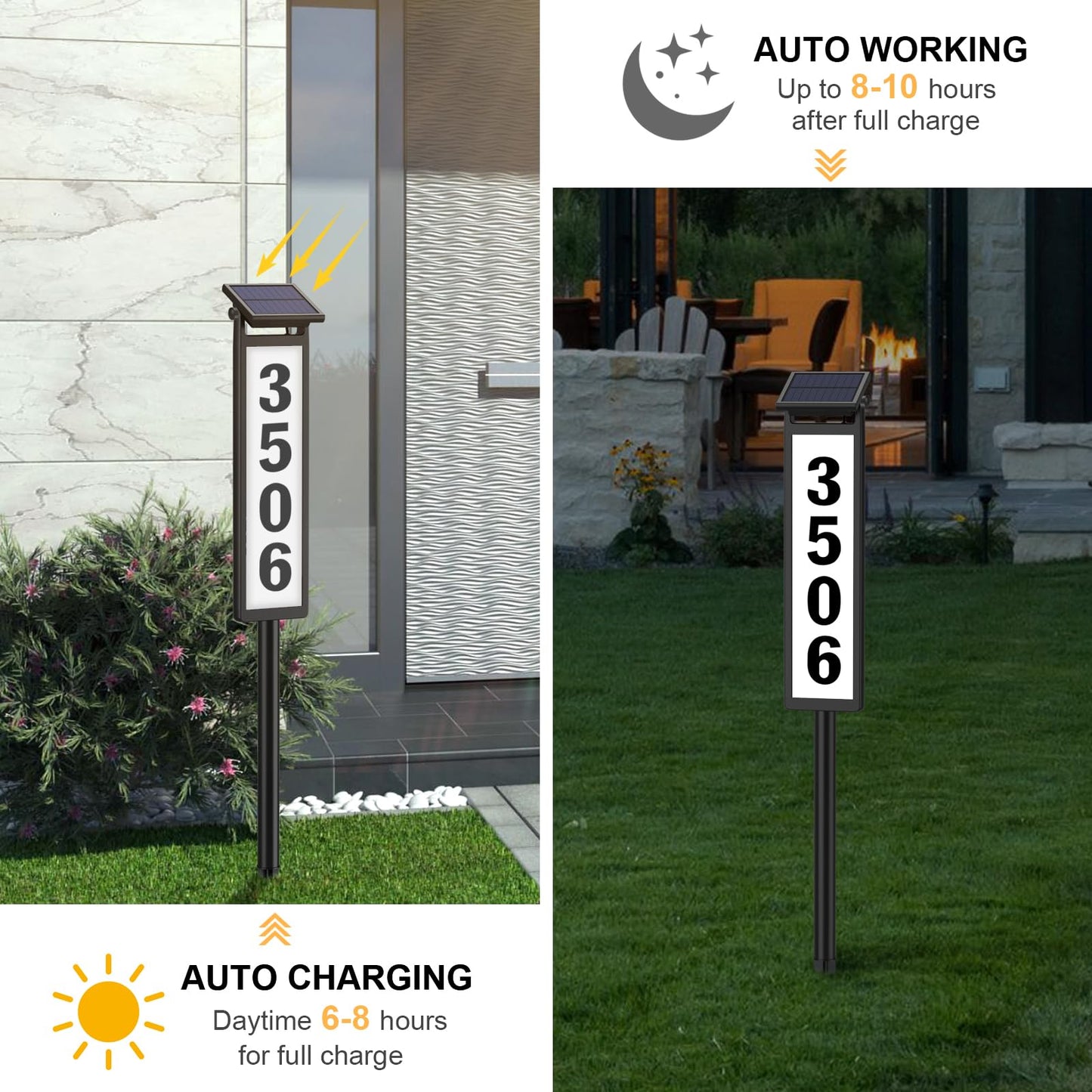 Black Solar LED Illuminated Address Sign, Waterproof House Numbers Plaque