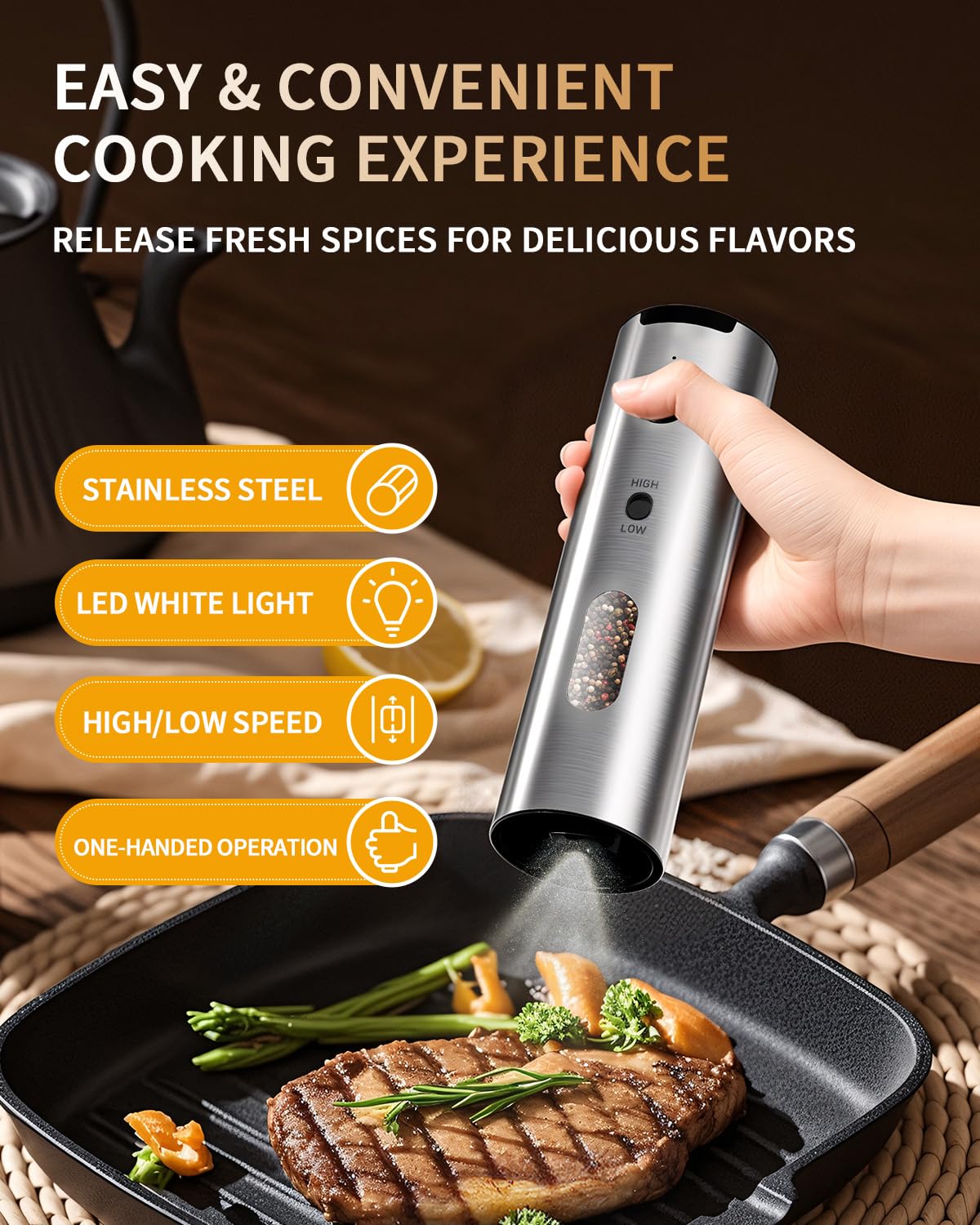 Rechargeable Electric Salt & Pepper Grinder Set with Charging Base & LED Light