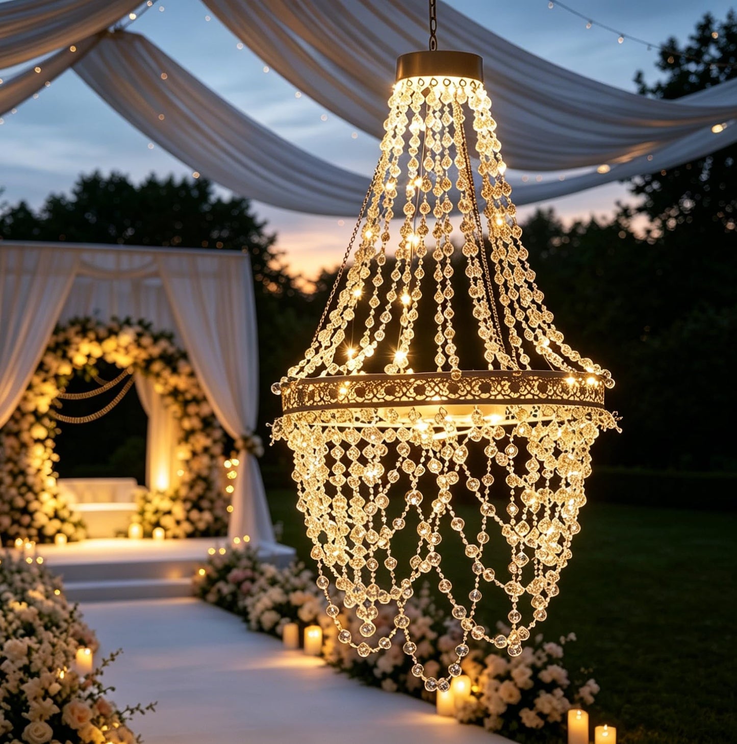Solar Hanging Crystal Chandelier, Waterproof 54 LED Outdoor Light for Garden, Wedding & Parties