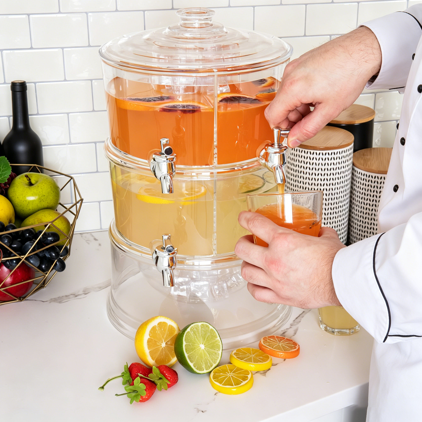 Clear 2-Tier Beverage Dispenser with Ice Bottom, 4-Section Stackable Drink Holder with Lids