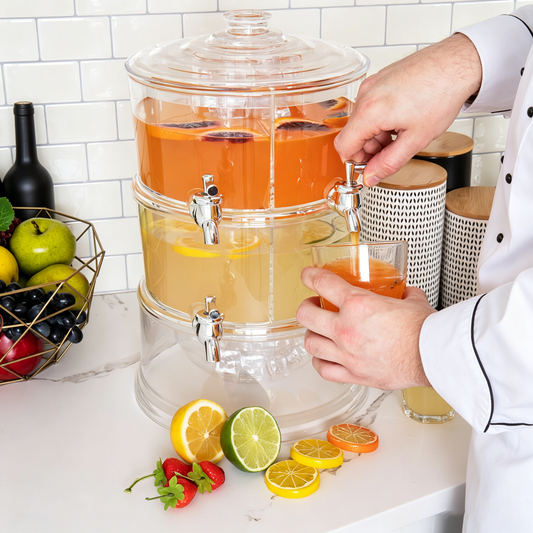 Clear 2-Tier Beverage Dispenser with Ice Bottom, 4-Section Stackable Drink Holder with Lids