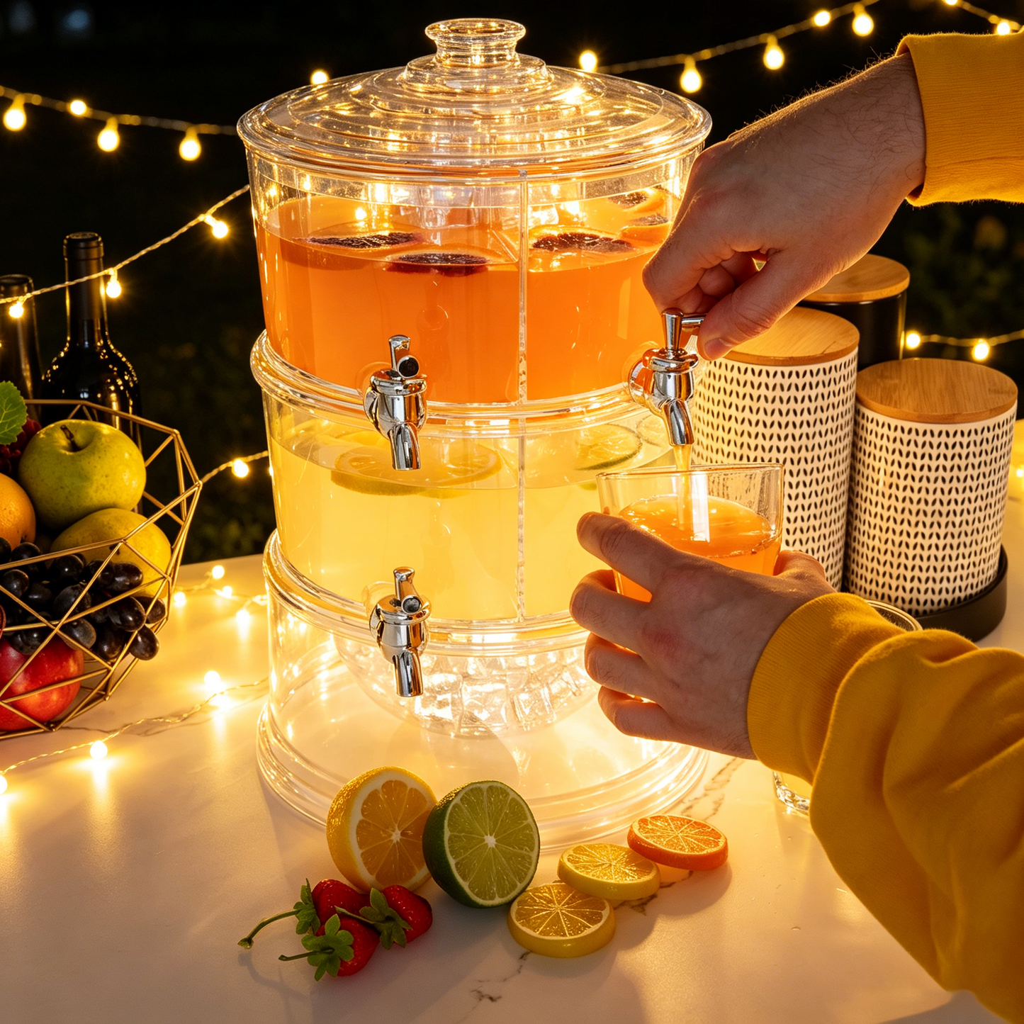 Clear 2-Tier Beverage Dispenser with Ice Bottom, 4-Section Stackable Drink Holder with Lids