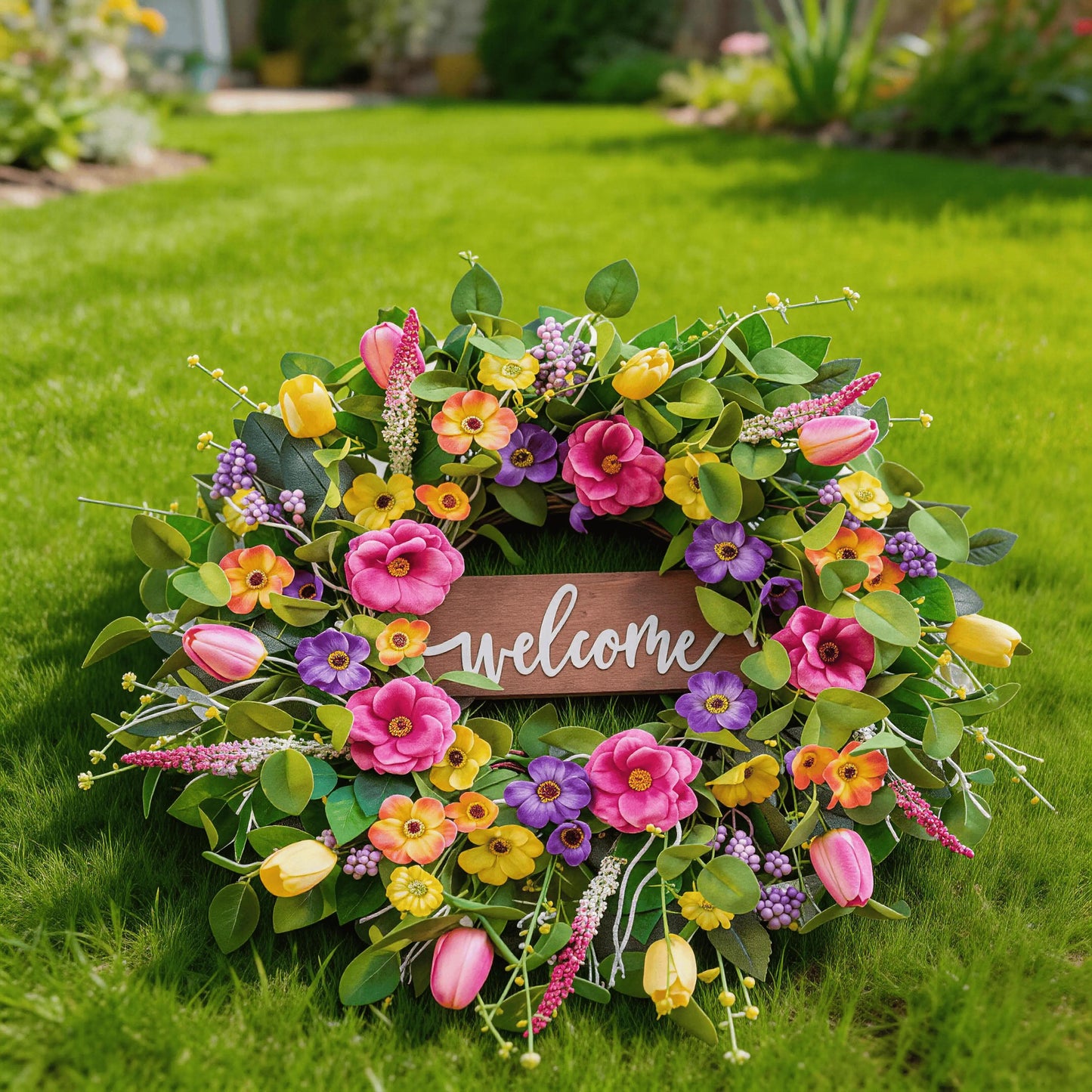 Farmhouse Style Spring Front Door Wreath, Artificial Floral Wreath with Eucalyptus Leaves for Indoor Outdoor Decor